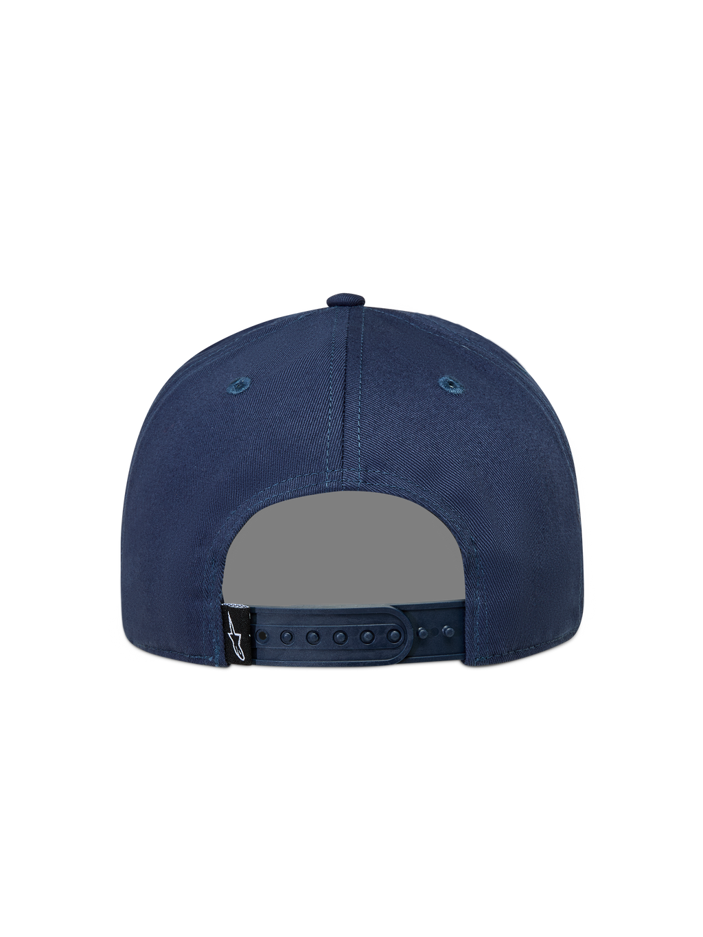 Alpinestars Label Snapback, casquette bleu marine en sergé, vue de dos avec fermeture à pression réglable et logo Astars.