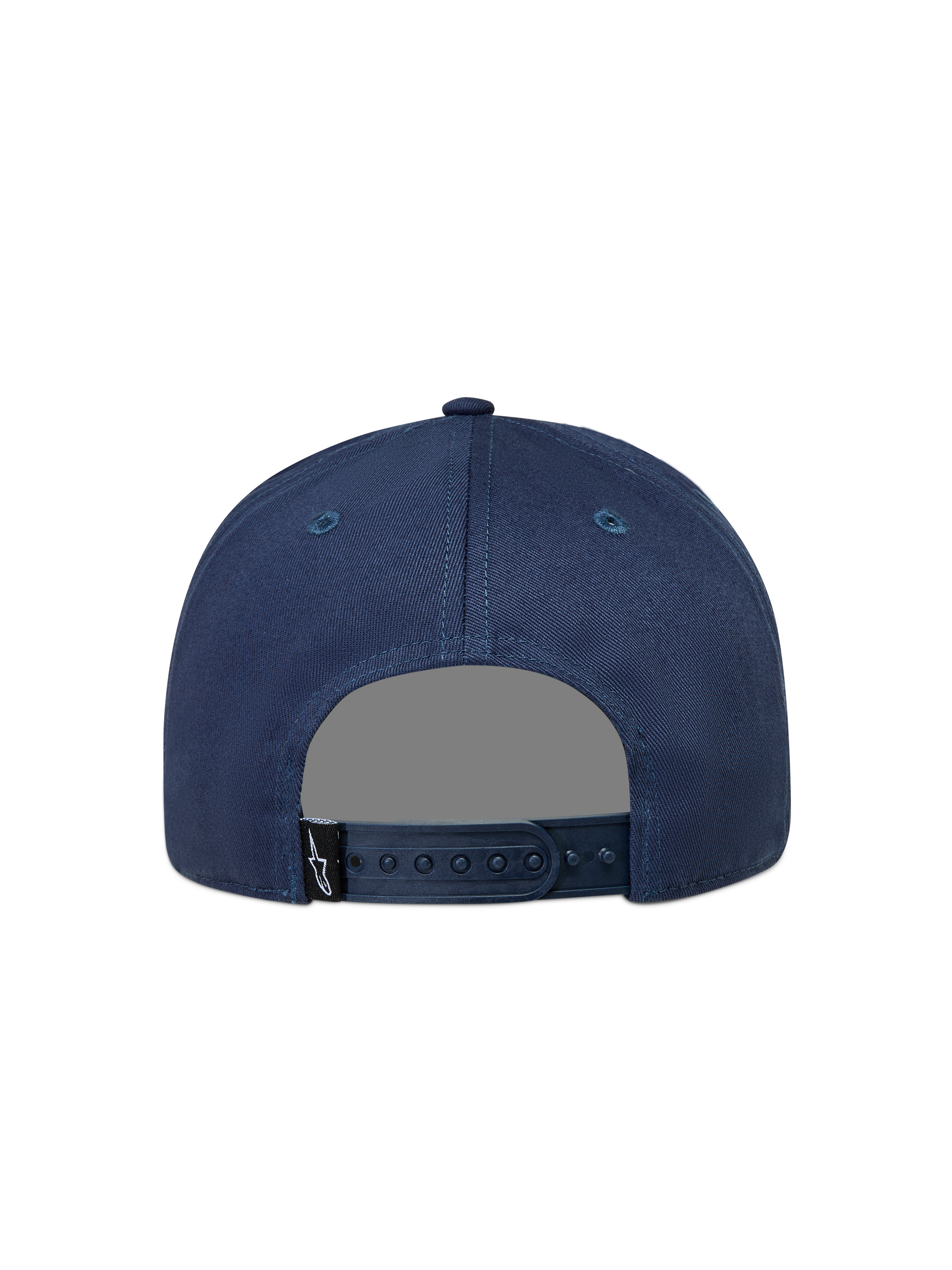Alpinestars Label Snapback, casquette bleu marine en sergé, vue de dos avec fermeture à pression réglable et logo Astars.
