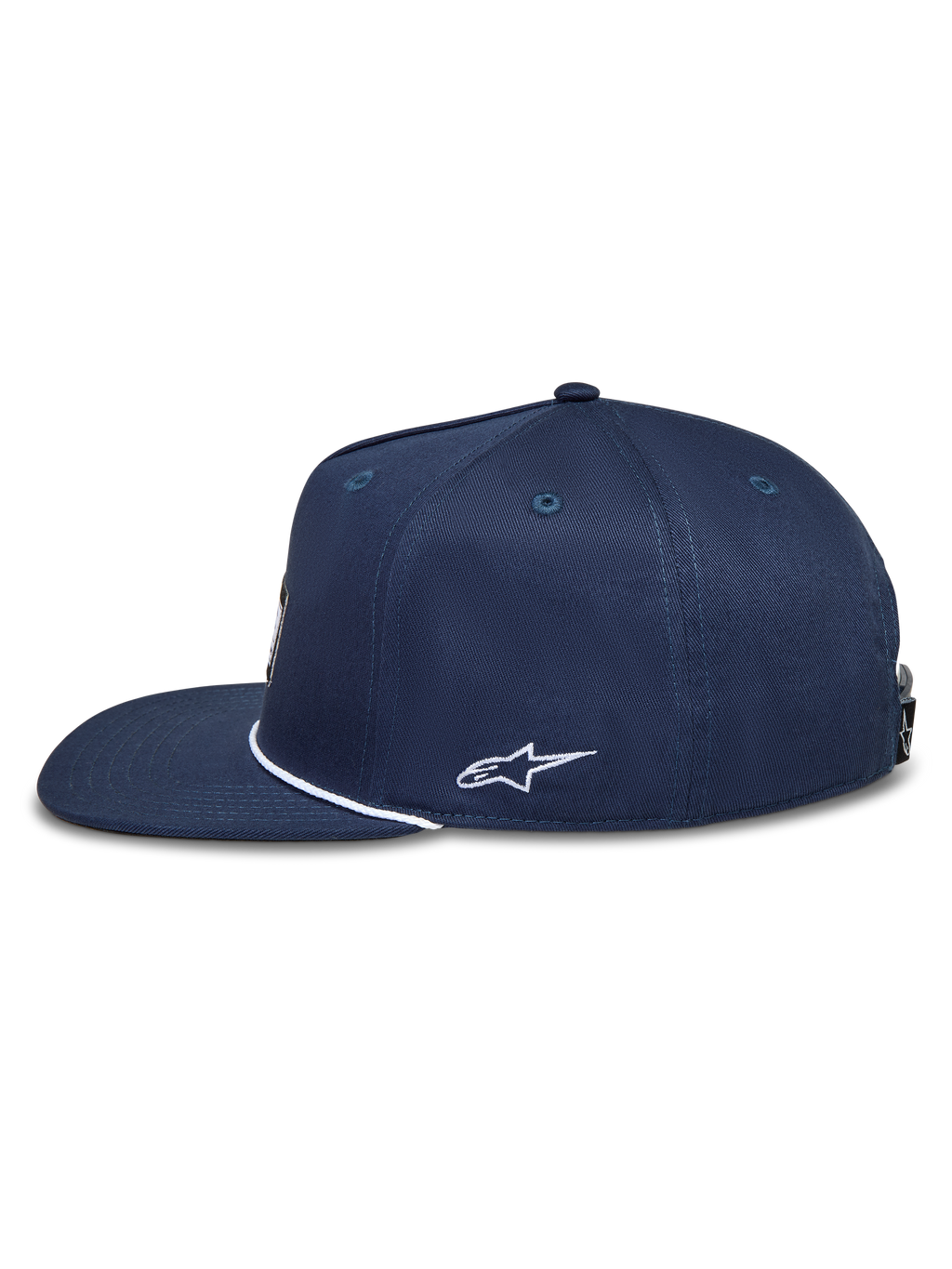 Alpinestars Label Snapback, casquette sportswear bleu marine à visière plate avec logo Astars blanc brodé sur le côté.