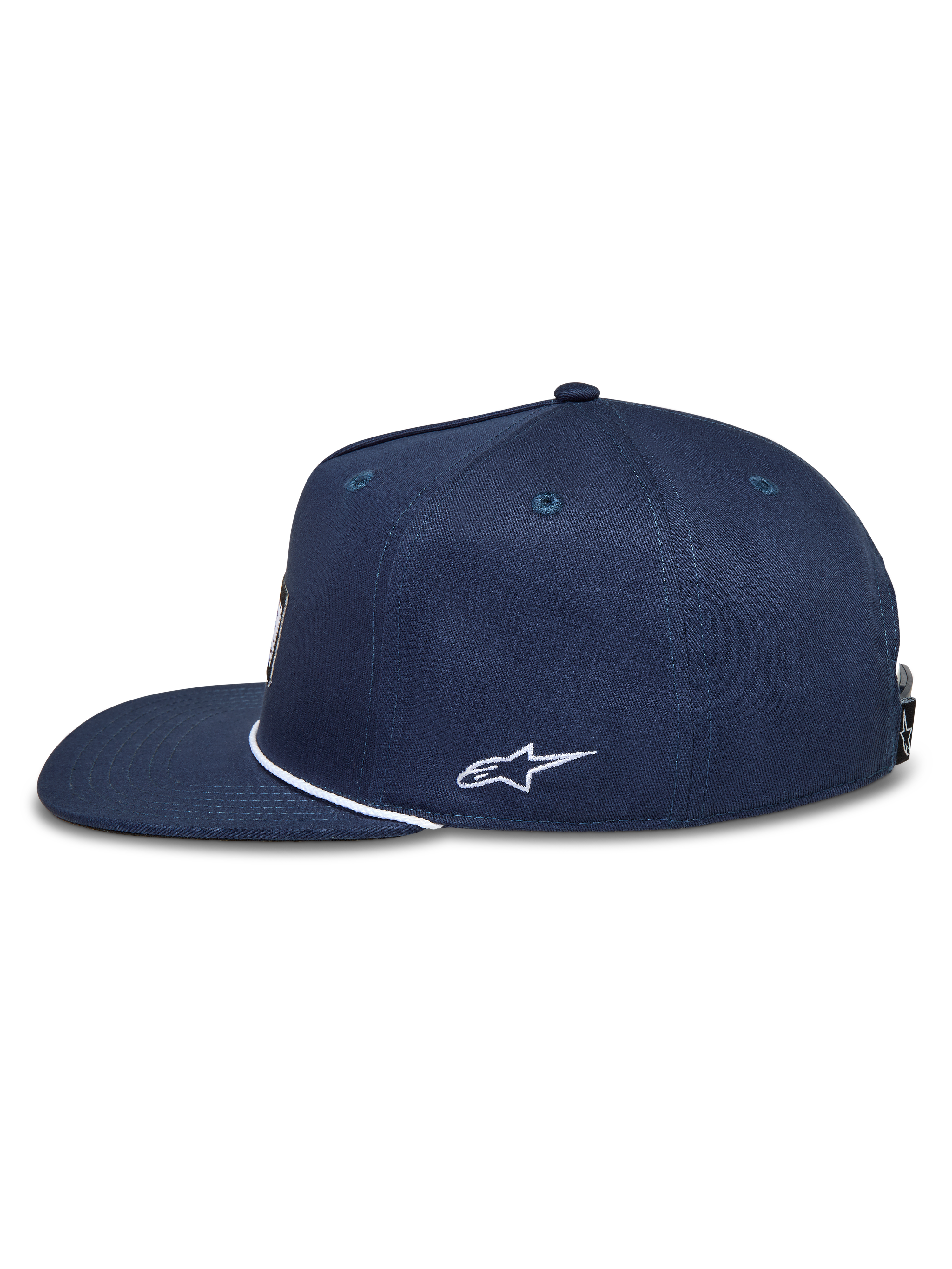 Alpinestars Label Snapback, casquette sportswear bleu marine à visière plate avec logo Astars blanc brodé sur le côté.