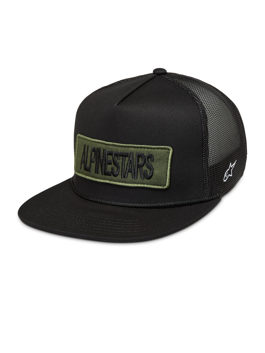 Alpinestars Ten Trucker Casquette, casquette trucker noire avec écusson vert olive, logo blanc et arrière en filet.