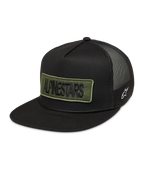 Alpinestars Ten Trucker Casquette, casquette trucker noire avec écusson vert olive, logo blanc et arrière en filet.