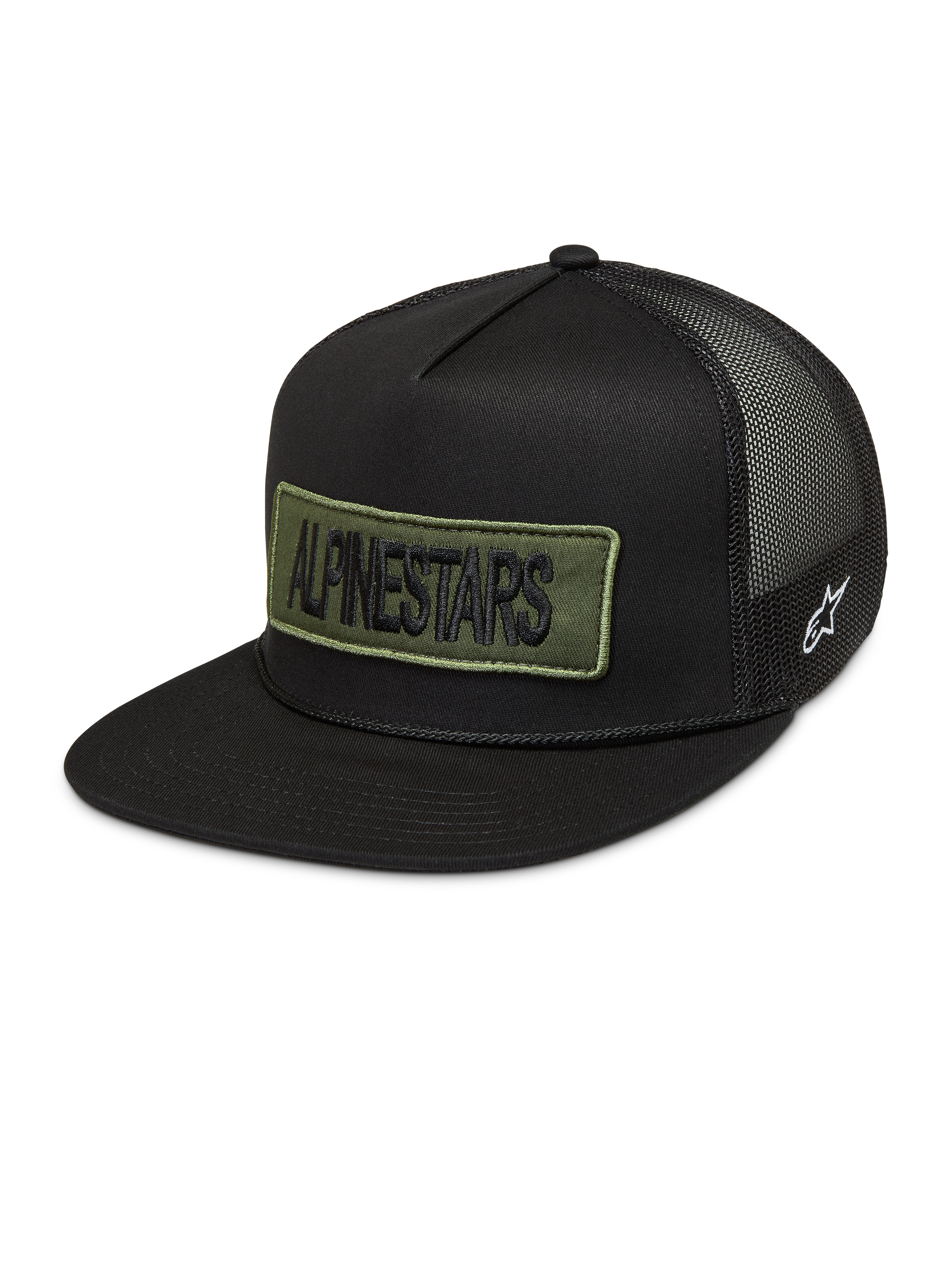 Alpinestars Ten Trucker Casquette, casquette trucker noire avec écusson vert olive, logo blanc et arrière en filet.