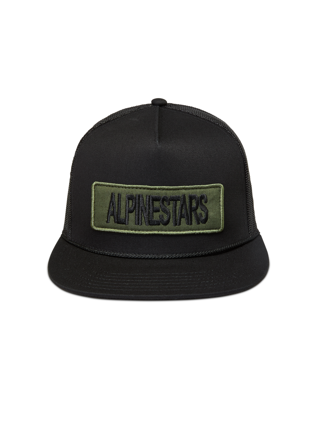 Alpinestars Ten Trucker, casquette trucker noire à visière plate avec écusson logo vert olive, style sportswear