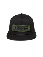 Alpinestars Ten Trucker, casquette trucker noire à visière plate avec écusson logo vert olive, style sportswear