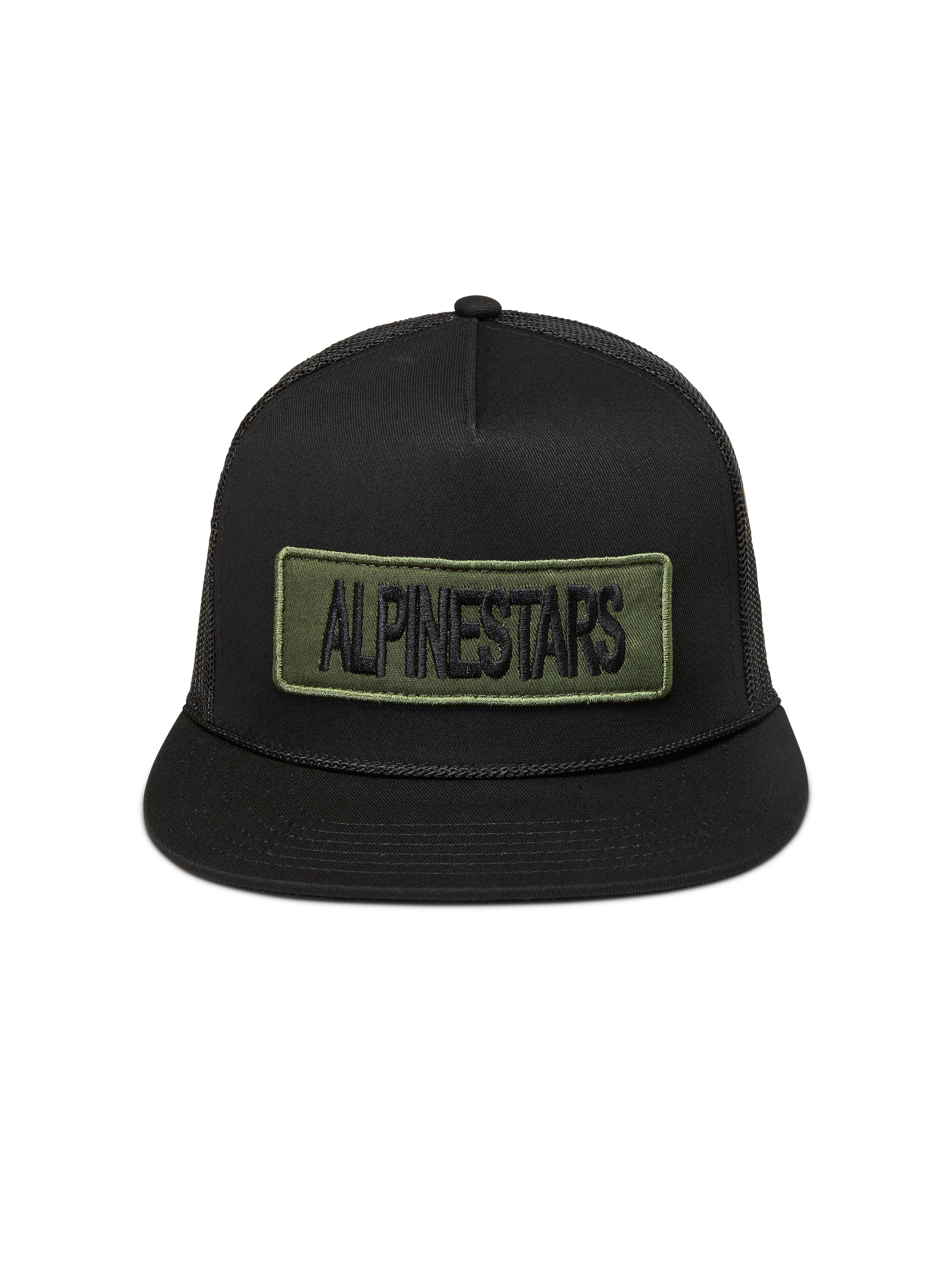 Alpinestars Ten Trucker, casquette trucker noire à visière plate avec écusson logo vert olive, style sportswear