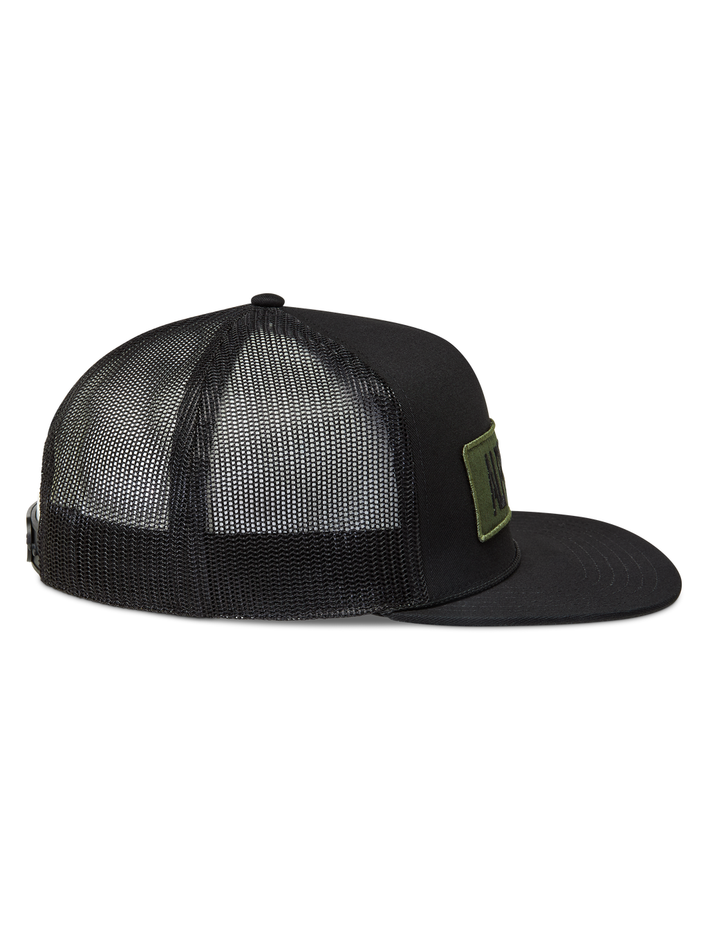 Alpinestars Ten Trucker, casquette trucker noire de sportswear, vue de profil avec arrière en maille filet, visière plate et écusson logo olive