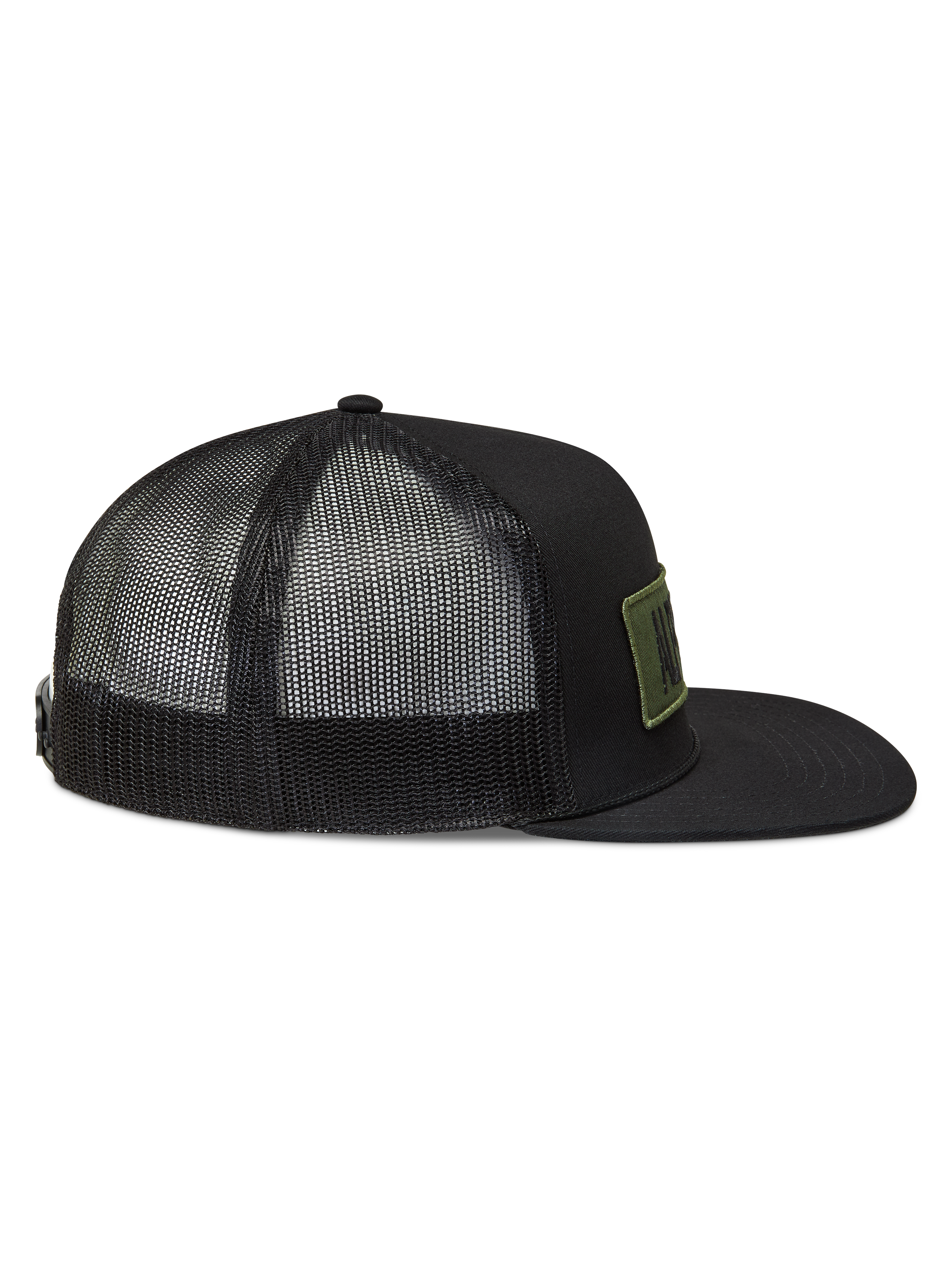 Alpinestars Ten Trucker, casquette trucker noire de sportswear, vue de profil avec arrière en maille filet, visière plate et écusson logo olive