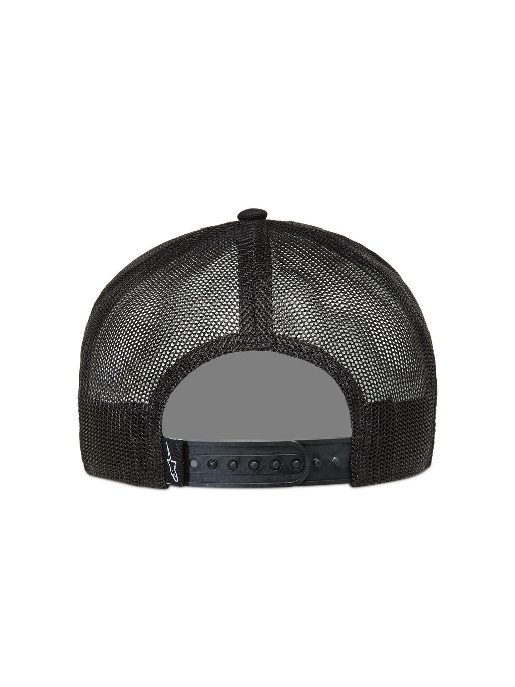 Alpinestars Ten Trucker, casquette trucker noire, vue de dos avec filet respirant et fermeture snapback réglable.