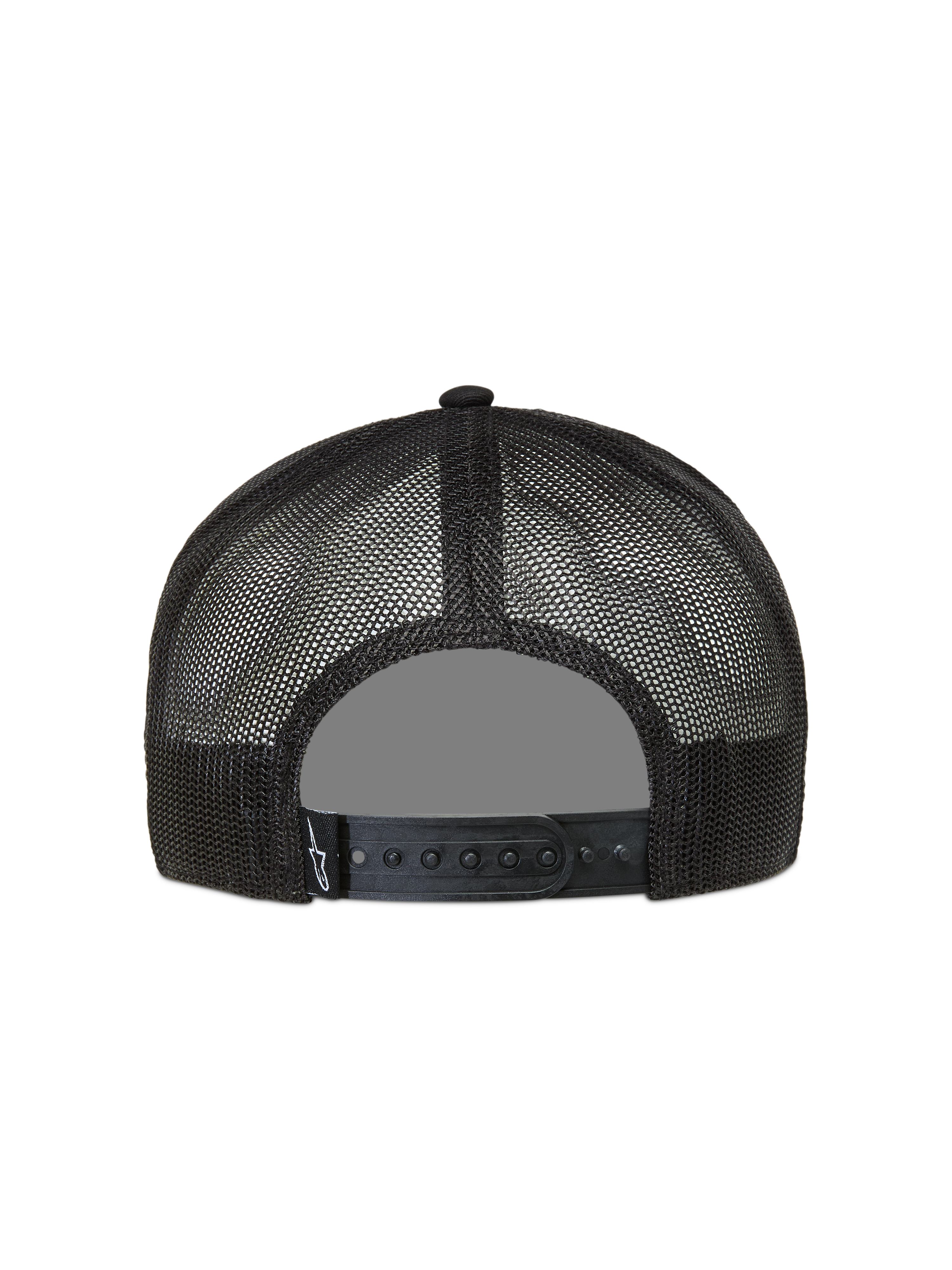 Alpinestars Ten Trucker, casquette trucker noire, vue de dos avec filet respirant et fermeture snapback réglable.