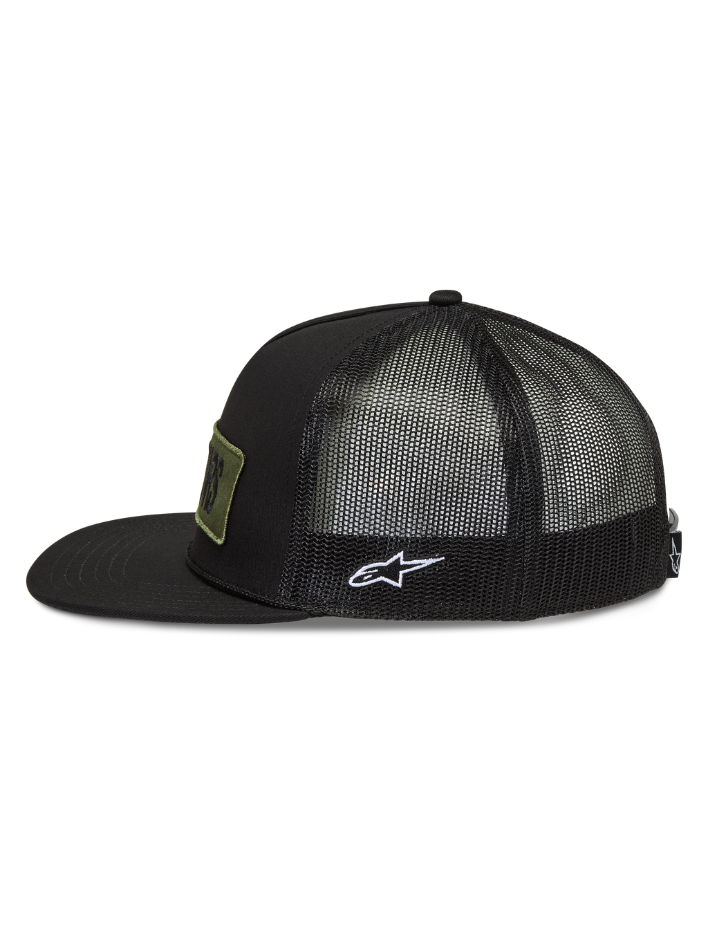 Alpinestars Ten Trucker, casquette trucker noire, visière plate, arrière en maille et logo Astars blanc brodé sur le côté.