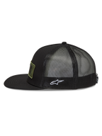 Alpinestars Ten Trucker, casquette trucker noire, visière plate, arrière en maille et logo Astars blanc brodé sur le côté.