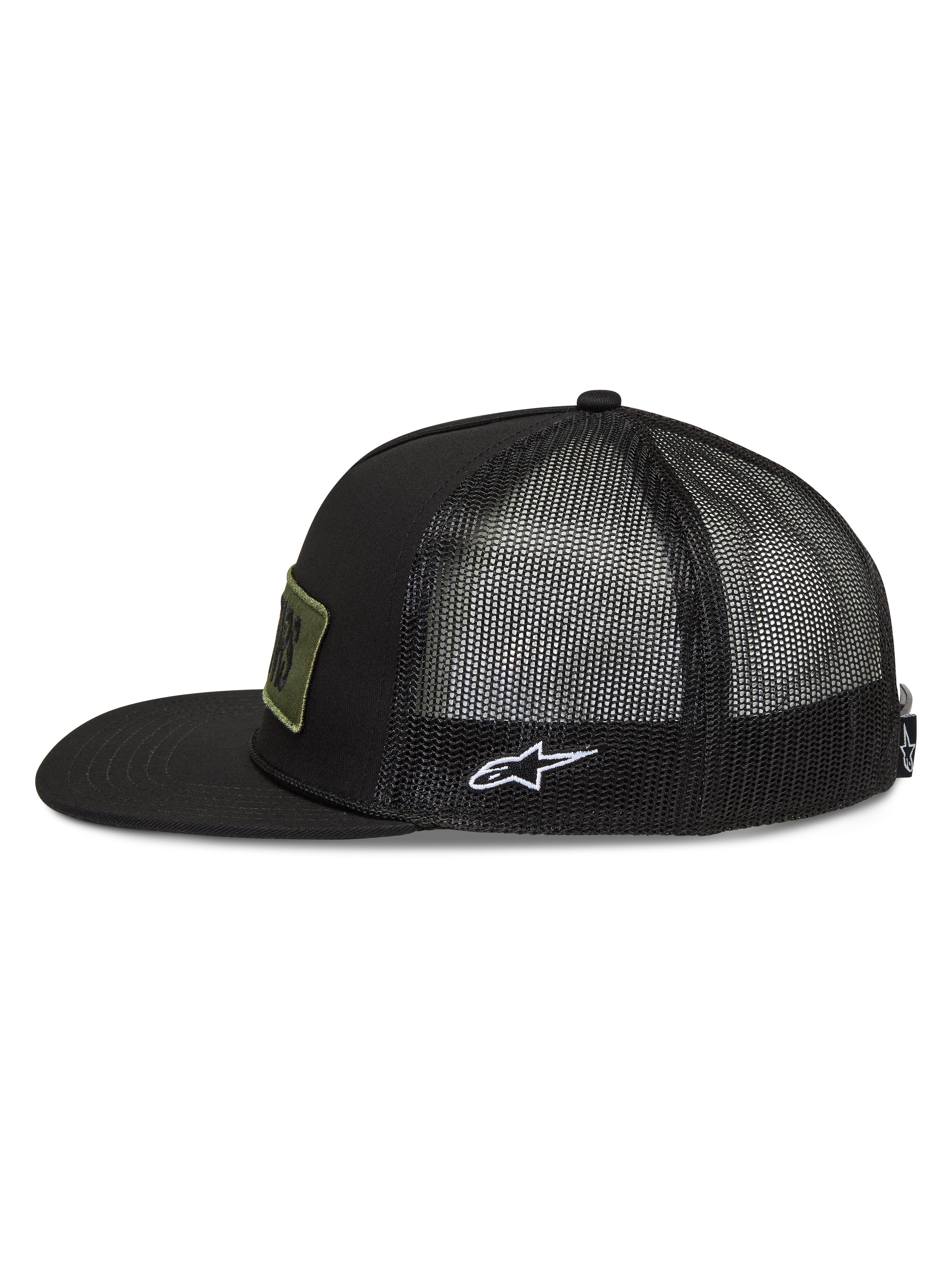 Alpinestars Ten Trucker, casquette trucker noire, visière plate, arrière en maille et logo Astars blanc brodé sur le côté.