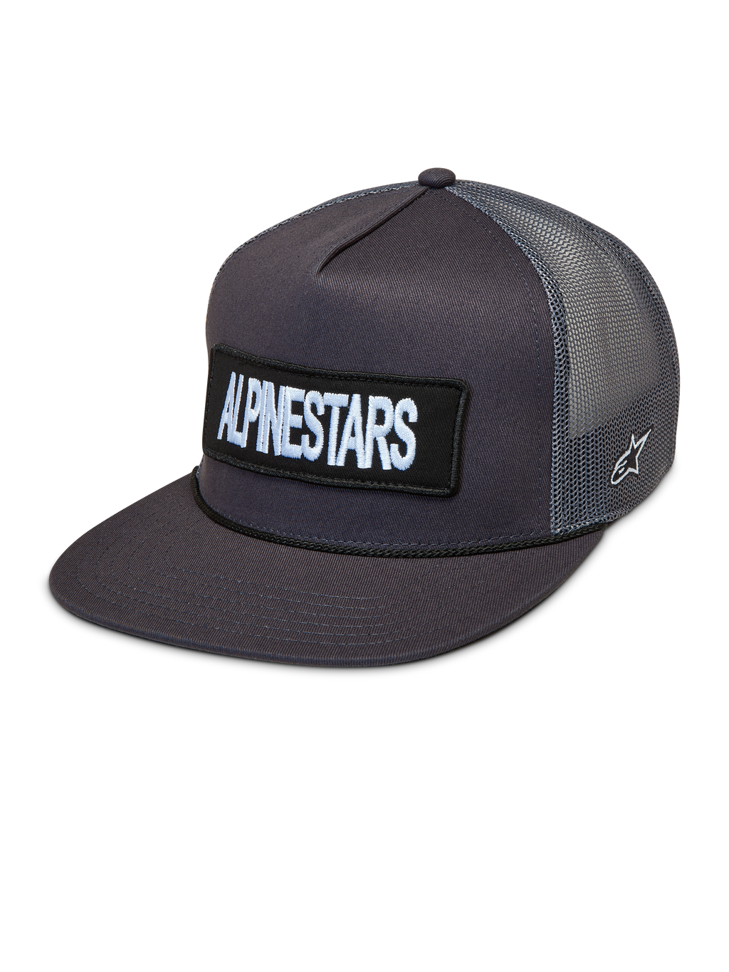 Alpinestars Ten Trucker, casquette trucker gris foncé avec visière plate, écusson brodé et panneaux en maille respirante