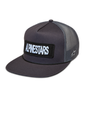 Alpinestars Ten Trucker, casquette trucker gris foncé avec visière plate, écusson brodé et panneaux en maille respirante