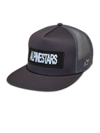 Alpinestars Ten Trucker, casquette trucker gris foncé avec visière plate, écusson brodé et panneaux en maille respirante