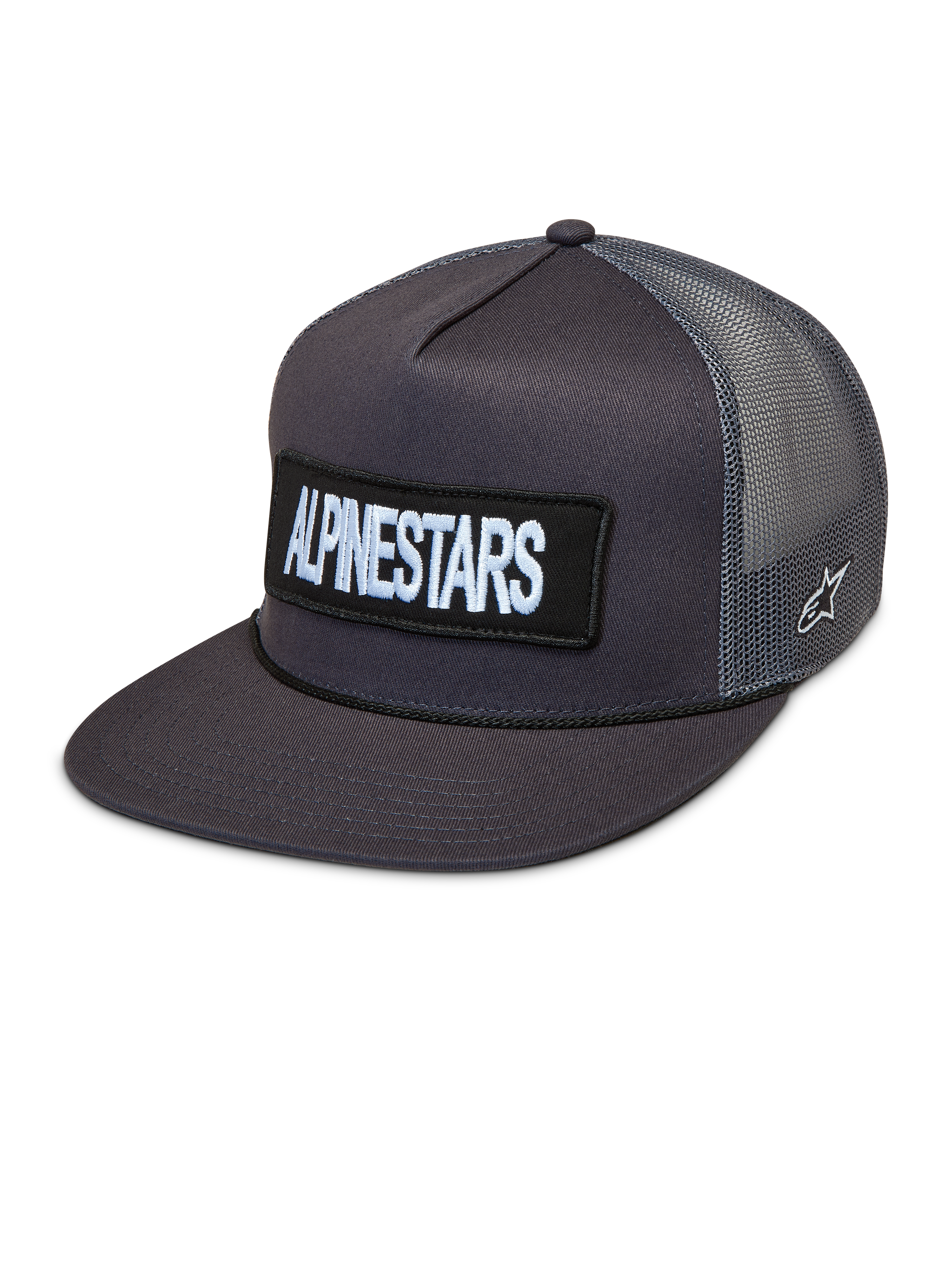 Alpinestars Ten Trucker, casquette trucker gris foncé avec visière plate, écusson brodé et panneaux en maille respirante