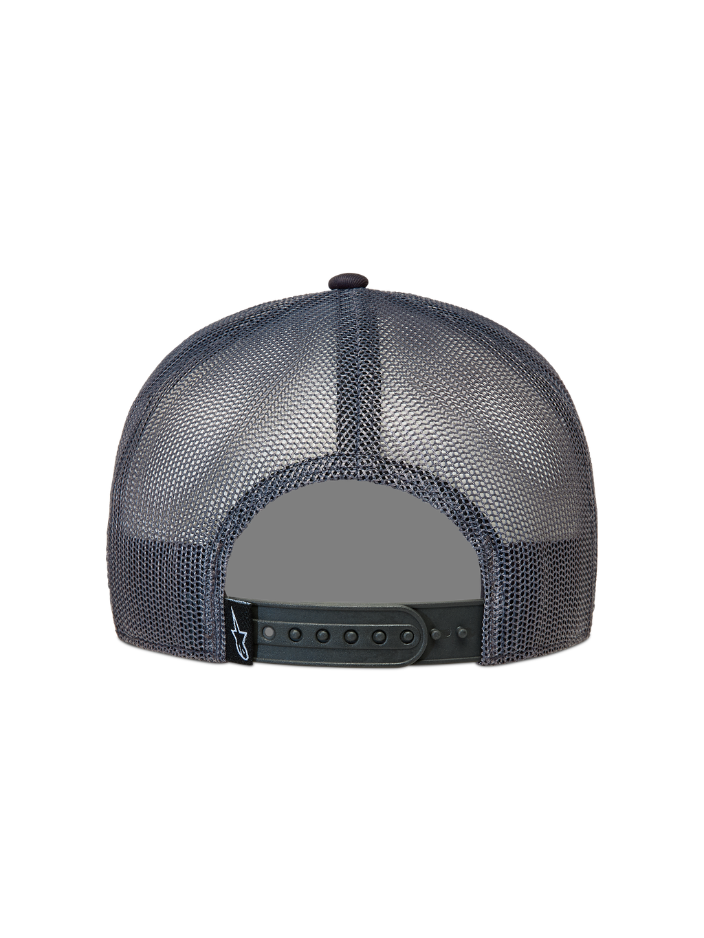 Alpinestars Ten Trucker, casquette trucker gris foncé en mesh avec fermeture snapback réglable, vue de dos.