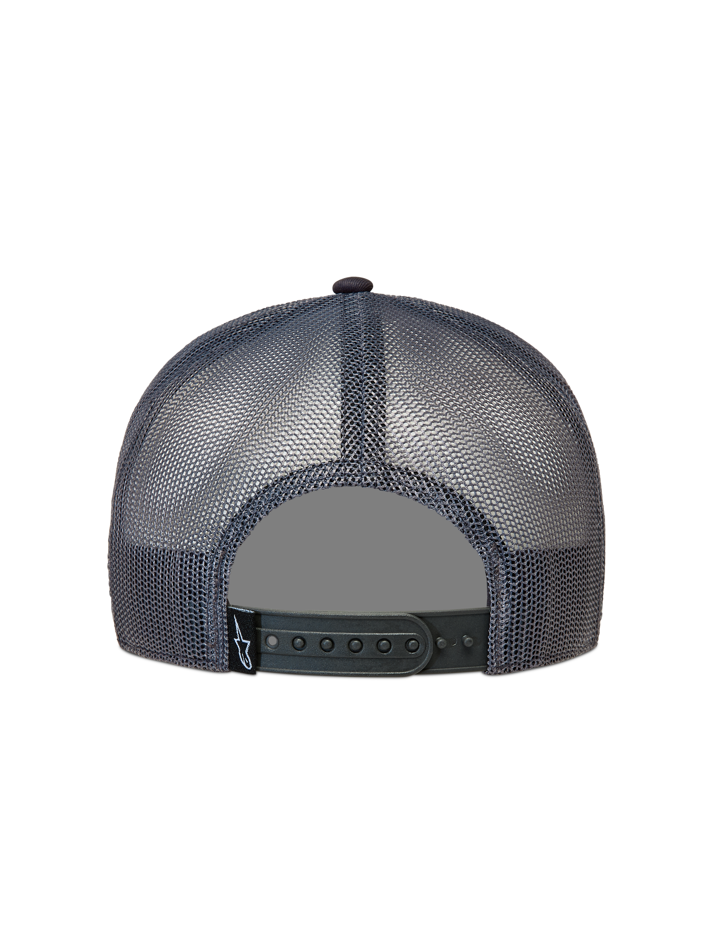 Alpinestars Ten Trucker, casquette trucker gris foncé en mesh avec fermeture snapback réglable, vue de dos.