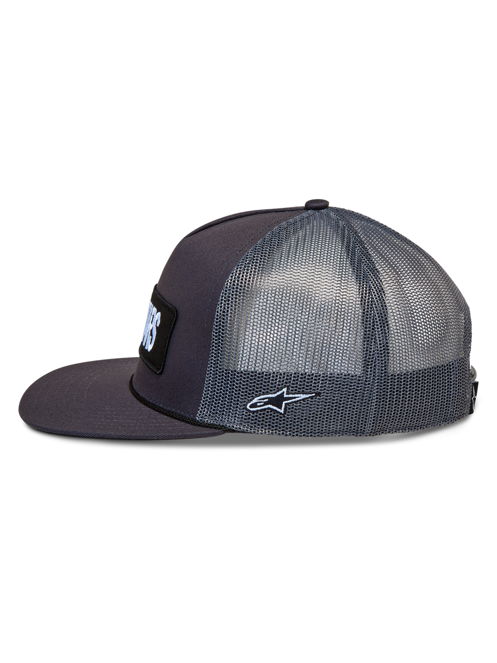 Alpinestars Ten Trucker, casquette trucker gris foncé, panneaux en mesh latéraux, visière plate et logo Astars brodé sur le côté.