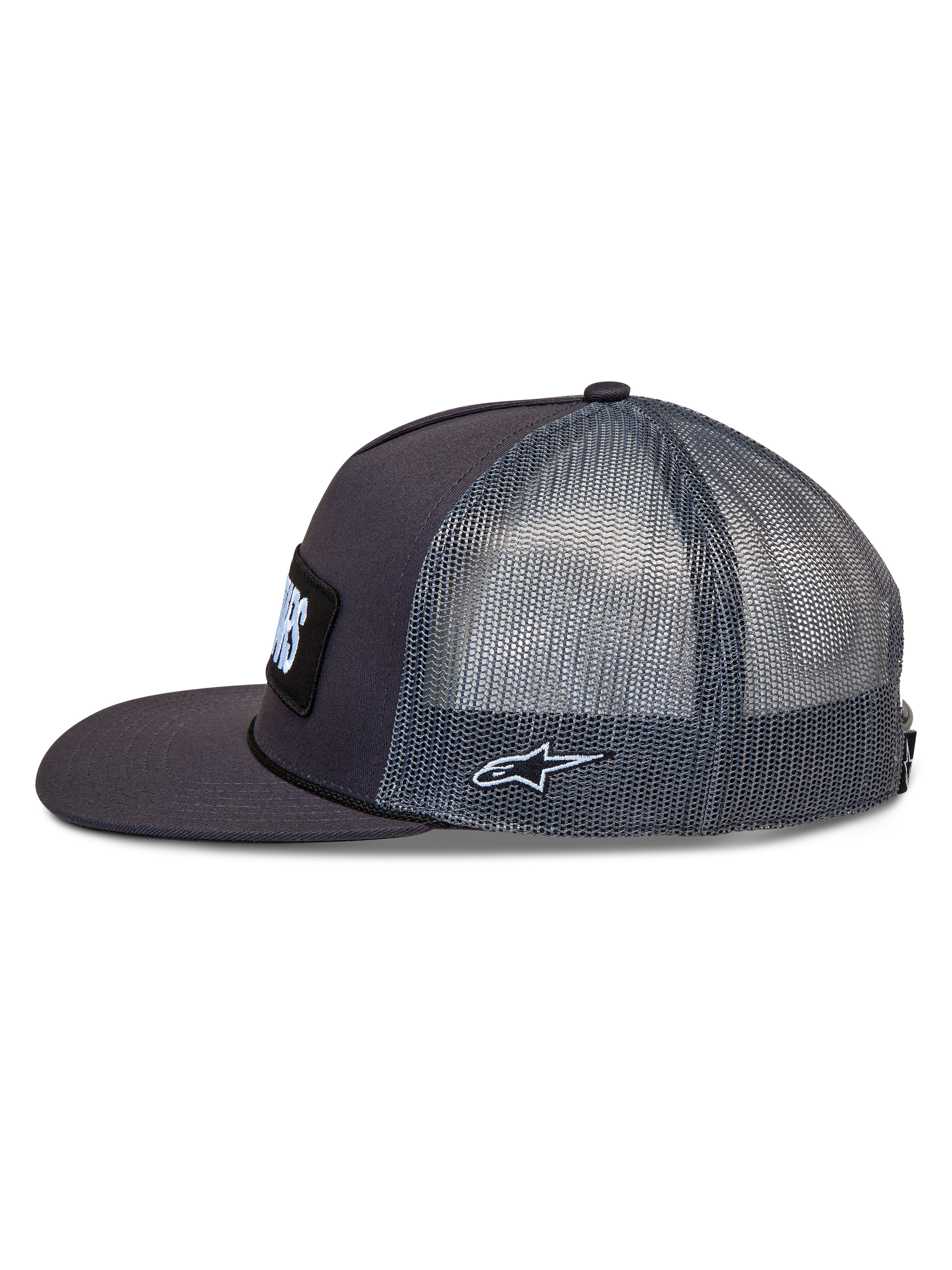 Alpinestars Ten Trucker, casquette trucker gris foncé, panneaux en mesh latéraux, visière plate et logo Astars brodé sur le côté.