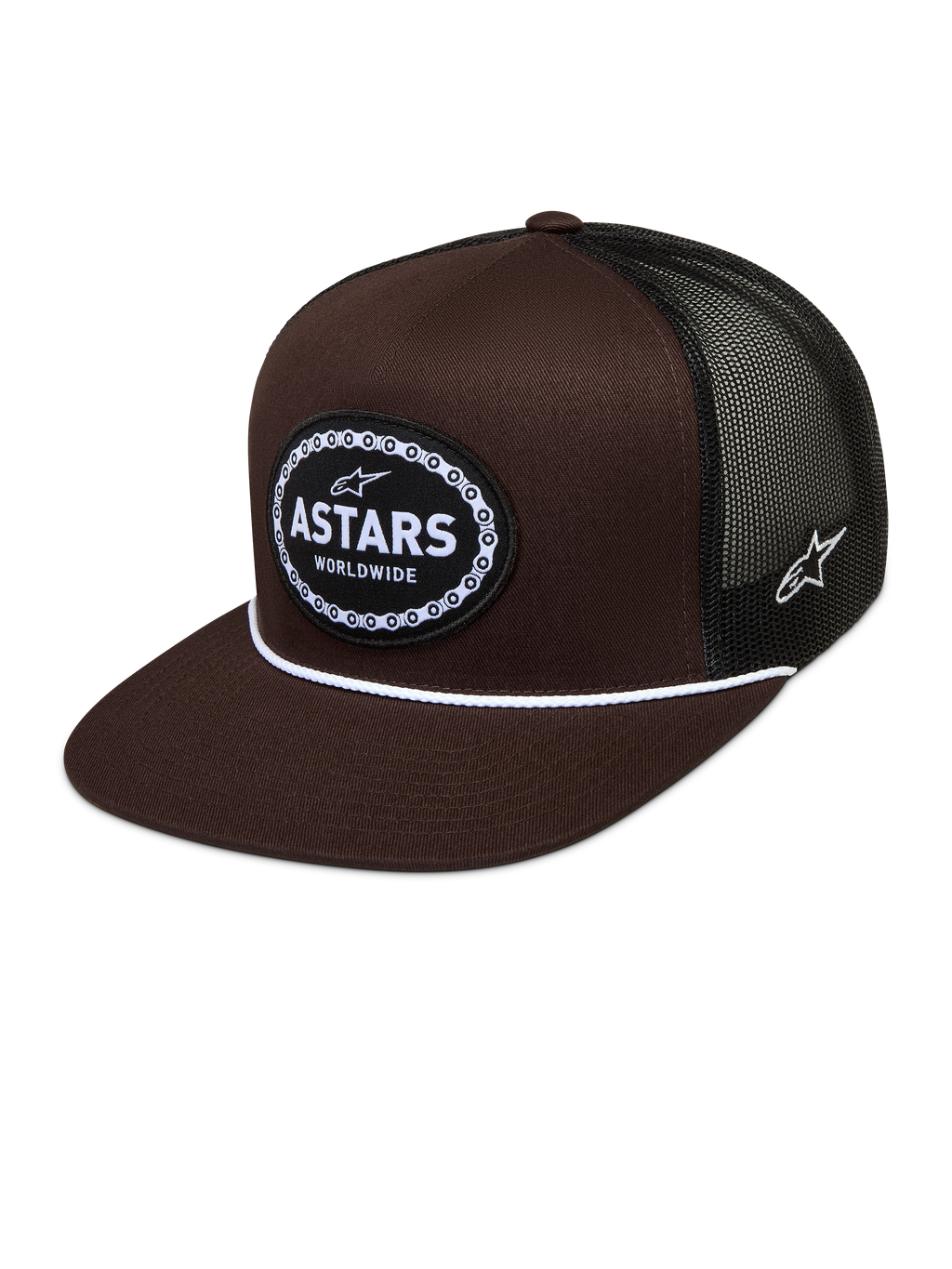 Alpinestars Hotlink Trucker pet, bruine en zwarte sportswear pet met mesh achterkant, platte klep en geweven logo patch.