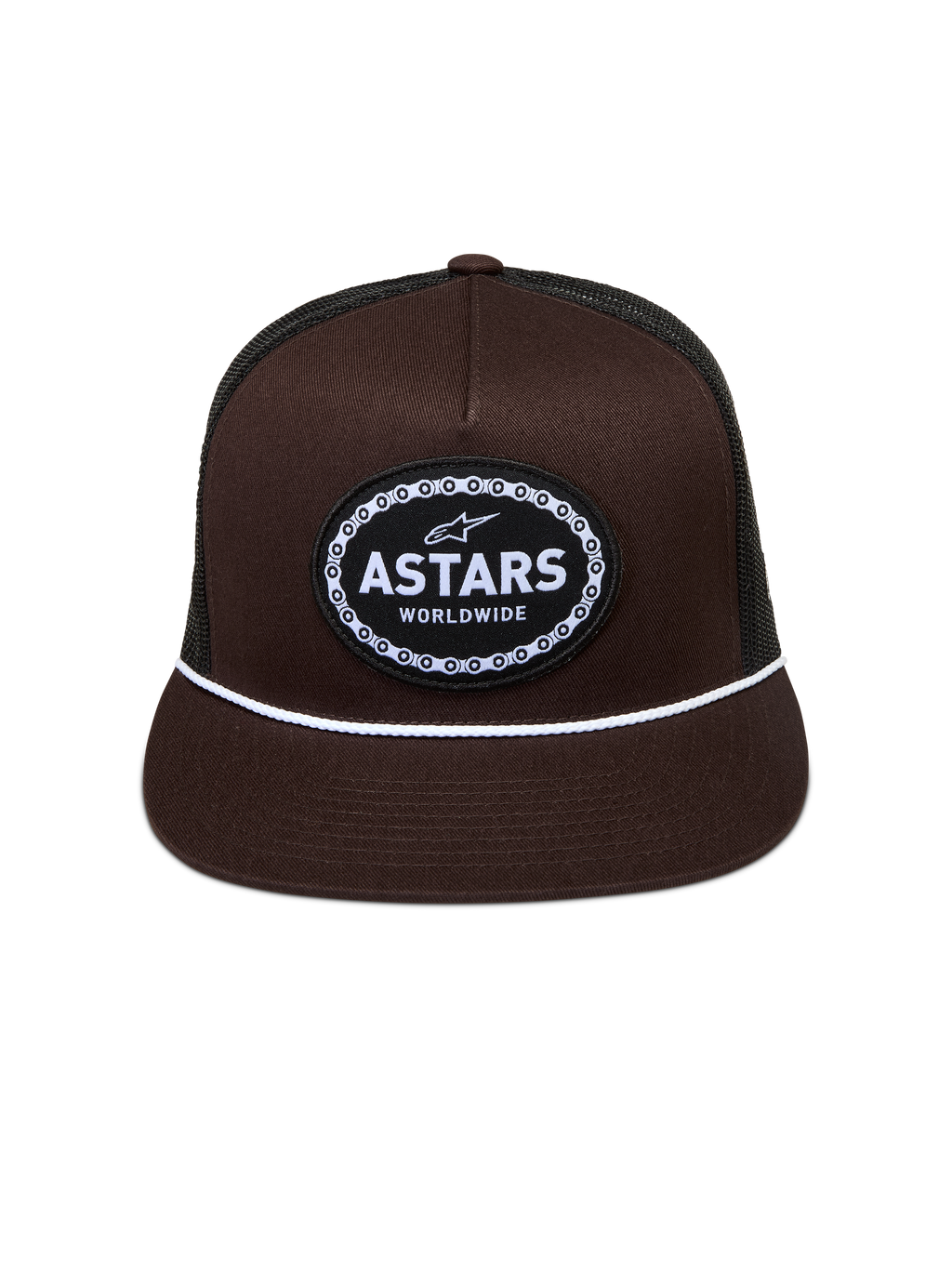 Alpinestars Hotlink Trucker hoed, bruine en zwarte pet met platte klep, wit koord en geweven logo met fietskettingrand.