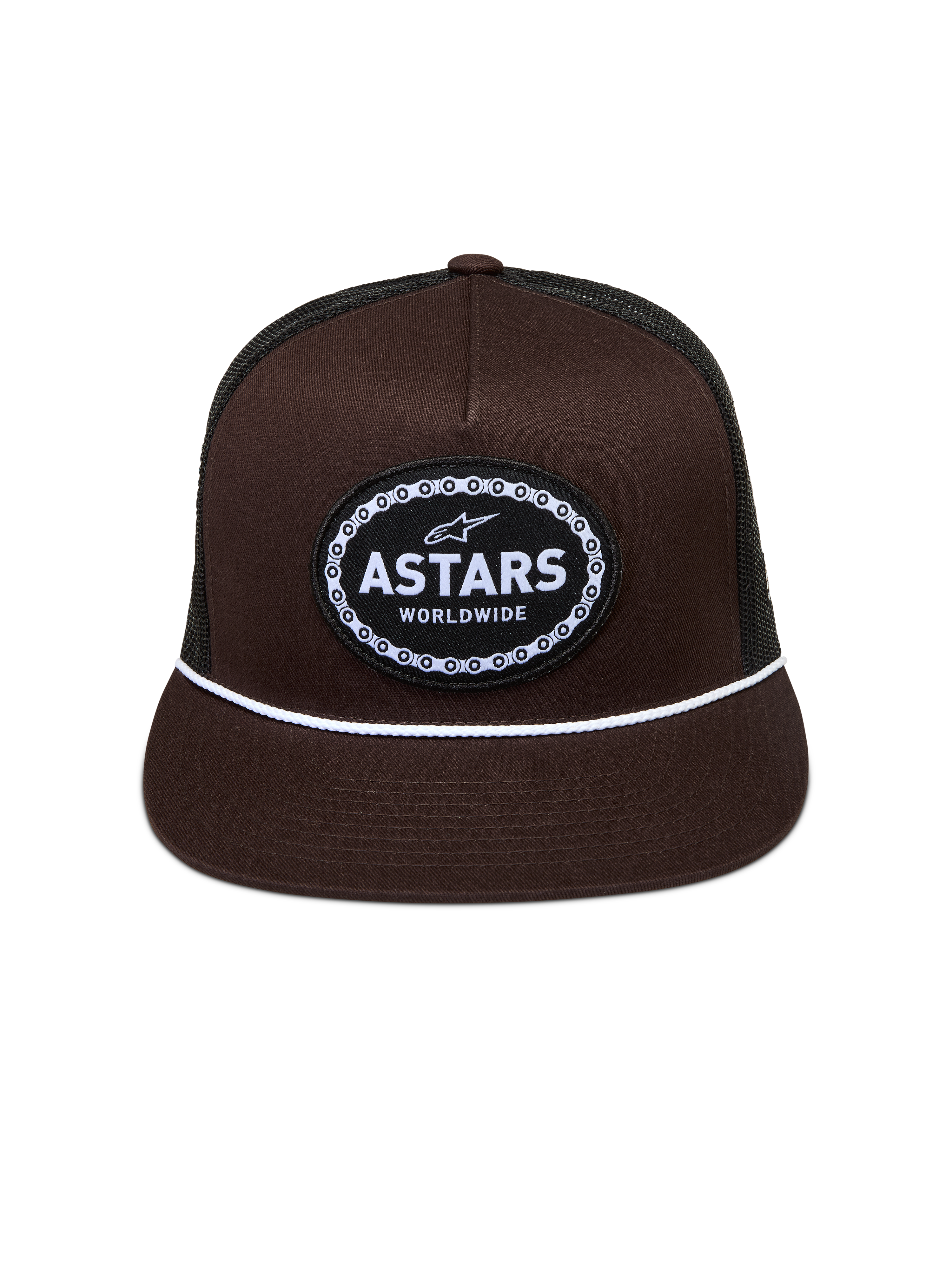 Alpinestars Hotlink Trucker hoed, bruine en zwarte pet met platte klep, wit koord en geweven logo met fietskettingrand.