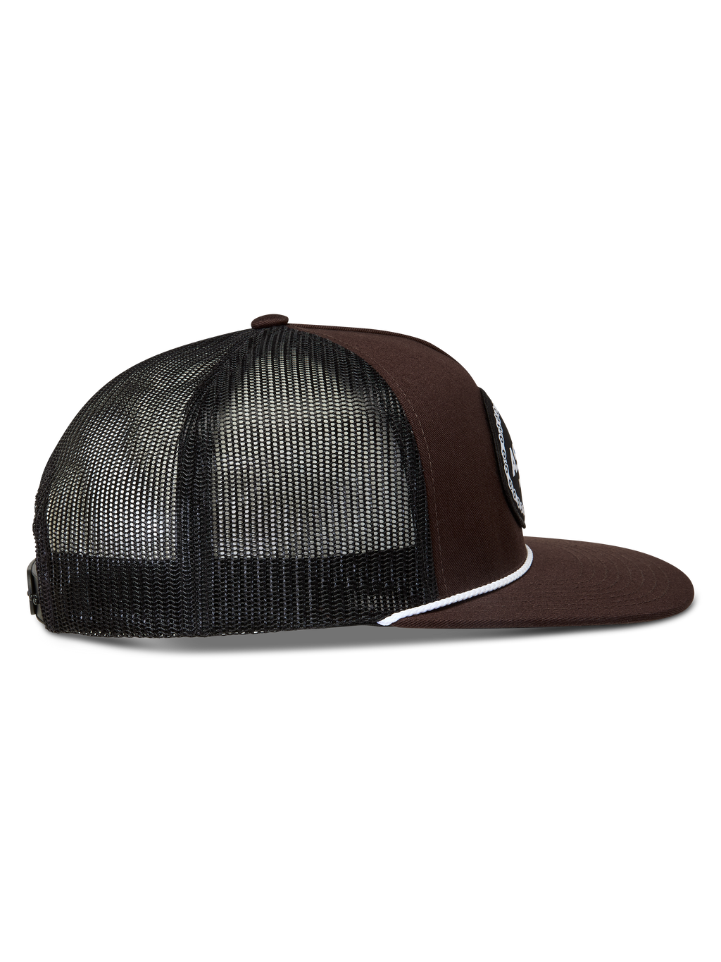 Alpinestars Hotlink Trucker hoed, bruine en zwarte trucker pet met mesh achterkant, platte klep en wit koorddetail.