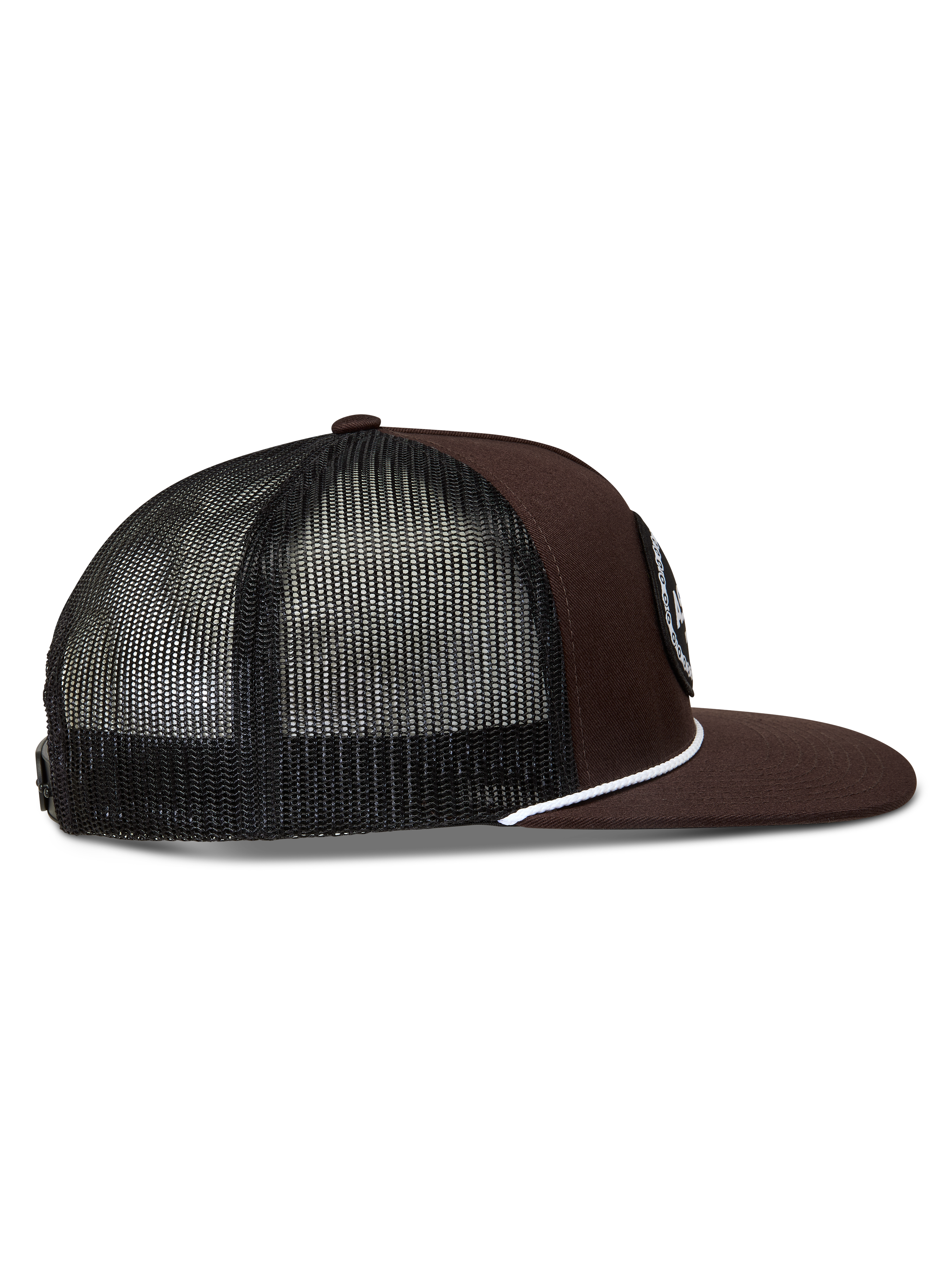 Alpinestars Hotlink Trucker hoed, bruine en zwarte trucker pet met mesh achterkant, platte klep en wit koorddetail.