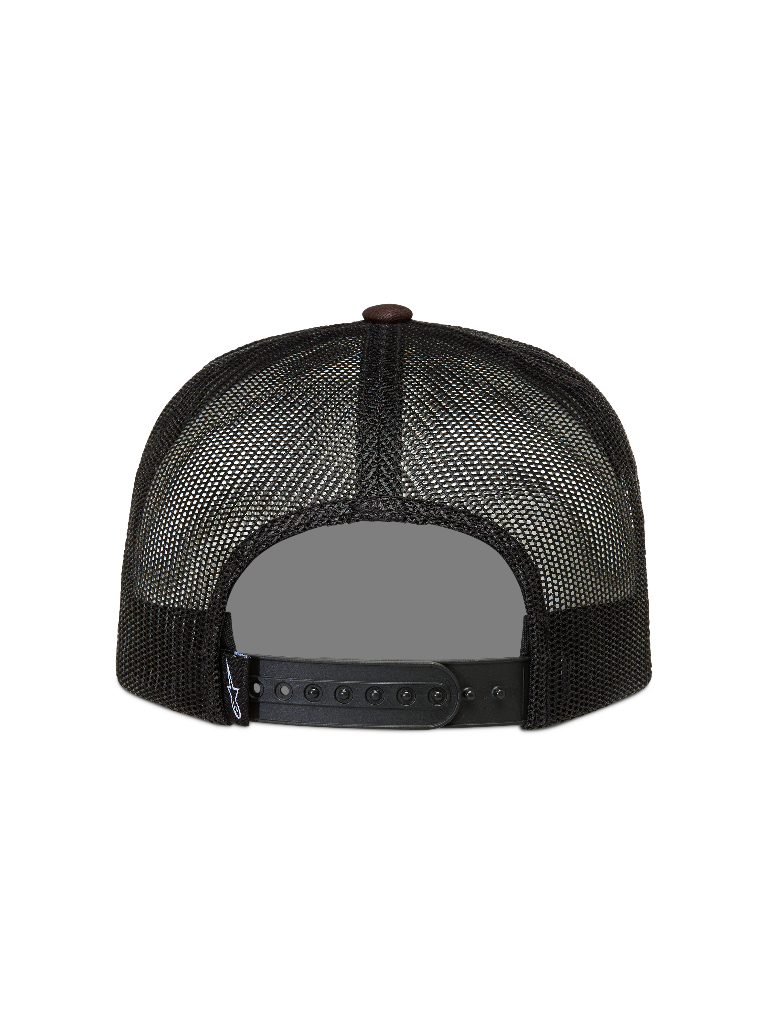 Alpinestars Hotlink Trucker hoed, zwarte en bruine mesh pet met verstelbare snapback-sluiting.
