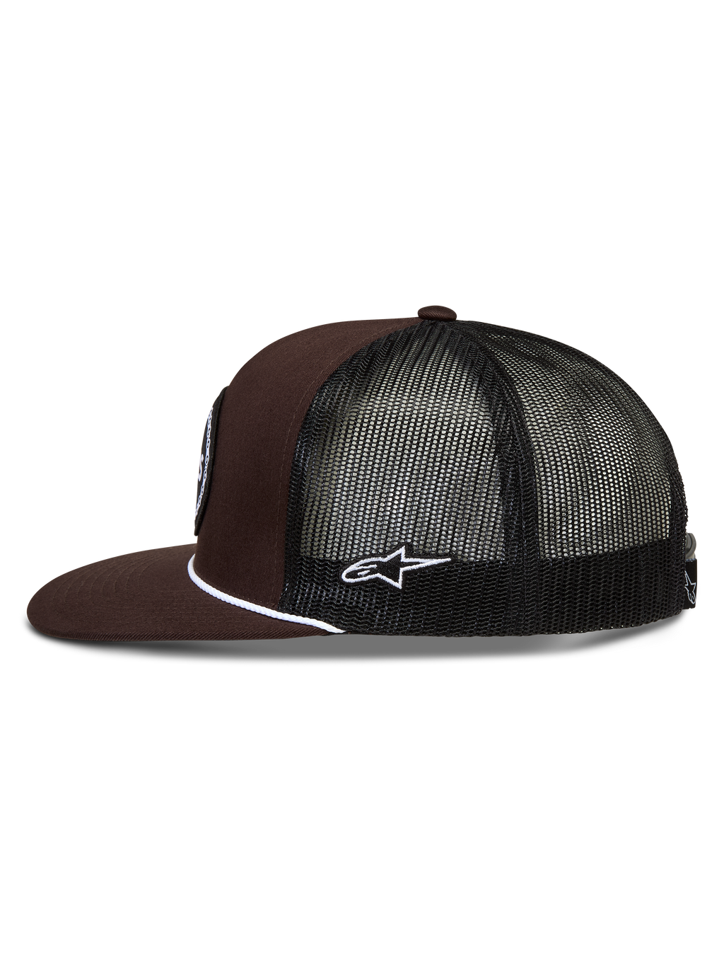 Alpinestars Hotlink Trucker hoed, trucker pet, bruin en zwart, platte klep, mesh achterkant met wit Astars-logo en touwdetail.