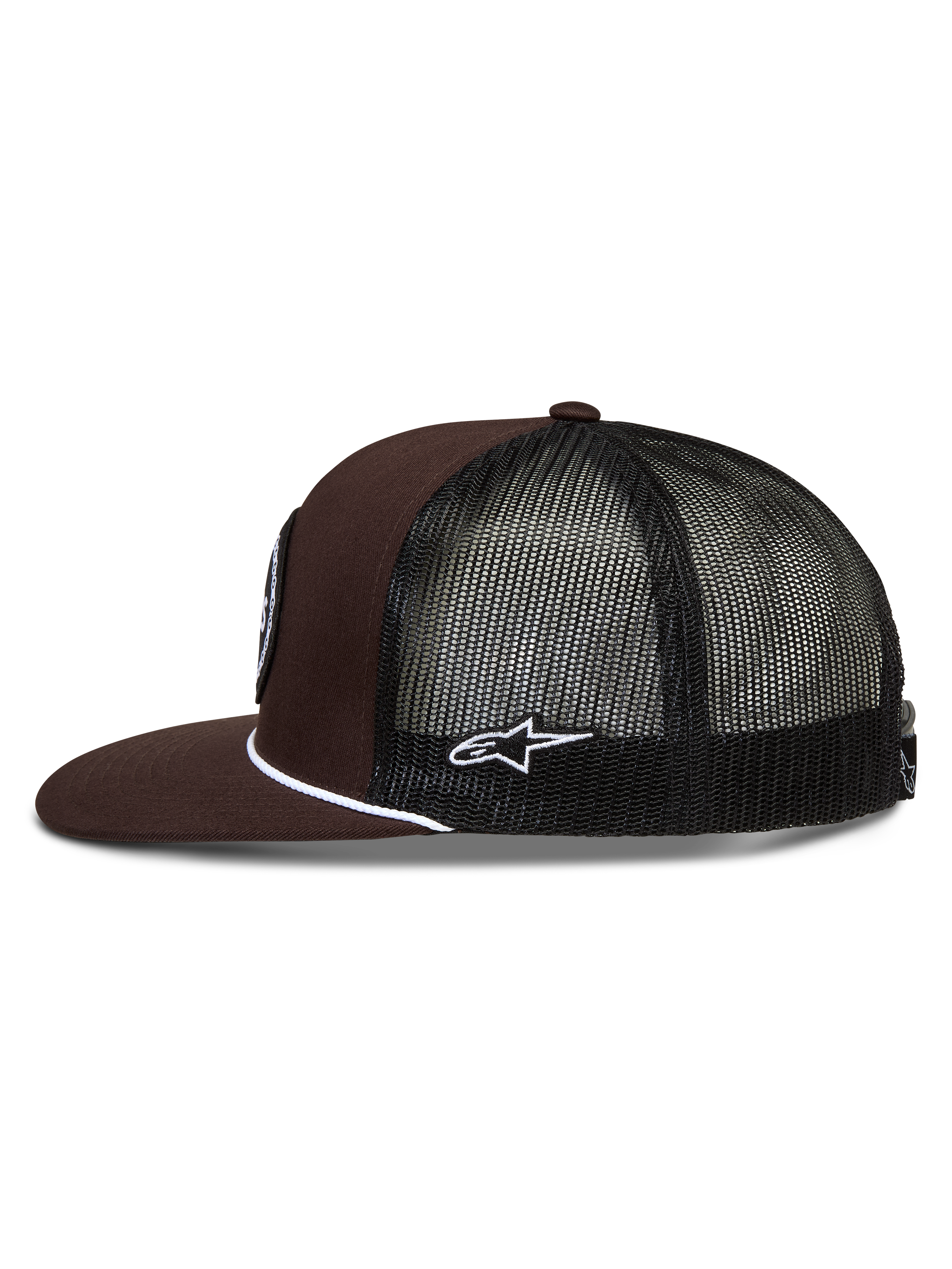 Alpinestars Hotlink Trucker hoed, trucker pet, bruin en zwart, platte klep, mesh achterkant met wit Astars-logo en touwdetail.