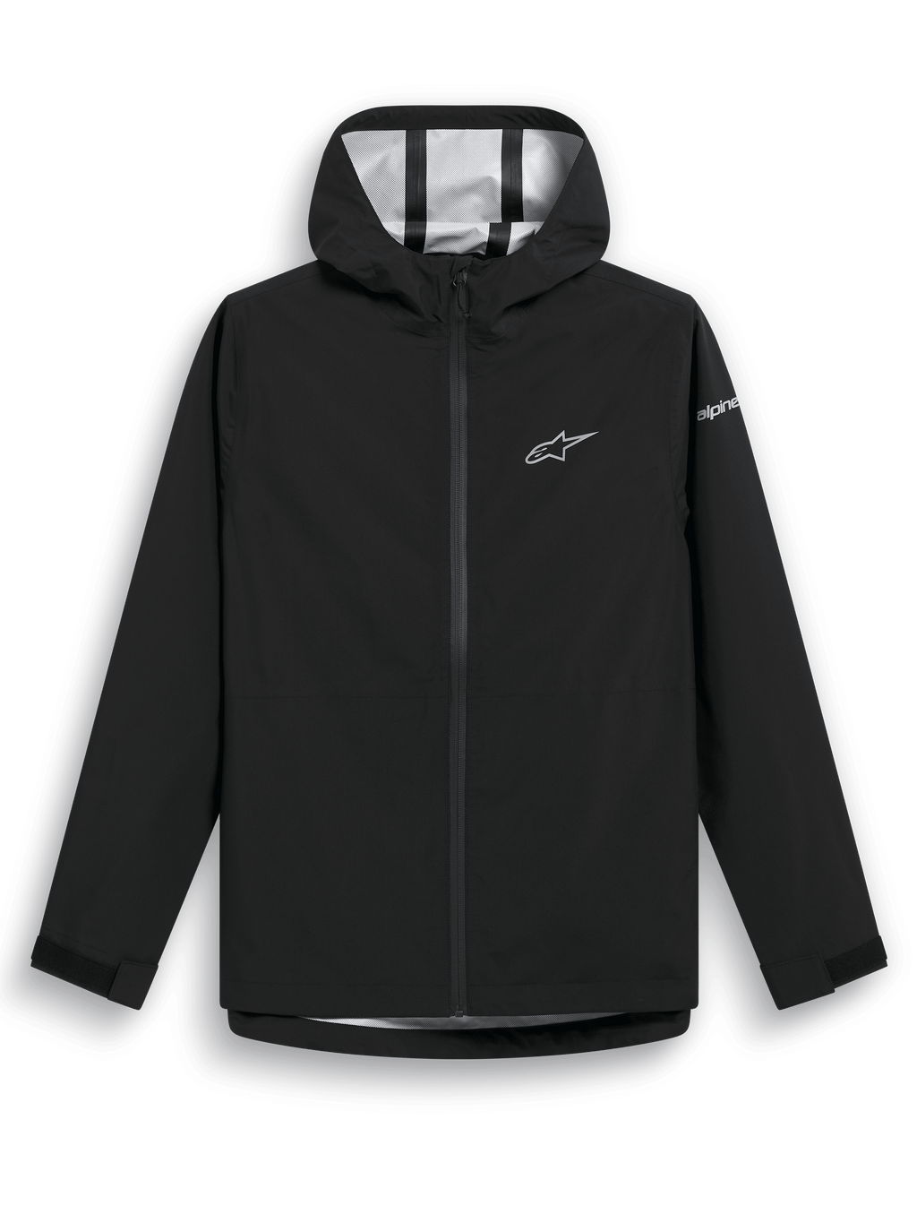 Alpinestars Kascade Regenjacke, schwarze Regenjacke, wasserabweisendes 2,5L-Gewebe mit versiegelten Nähten, feste Kapuze, beschichteter umgekehrter Spiralreißverschluss vorne, Klettverschlusslaschen an den Bündchen, weißes Alpinestars Stern-Logo auf der Brust und Branding am Ärmel, Freizeitkleidung für nasses Wetter