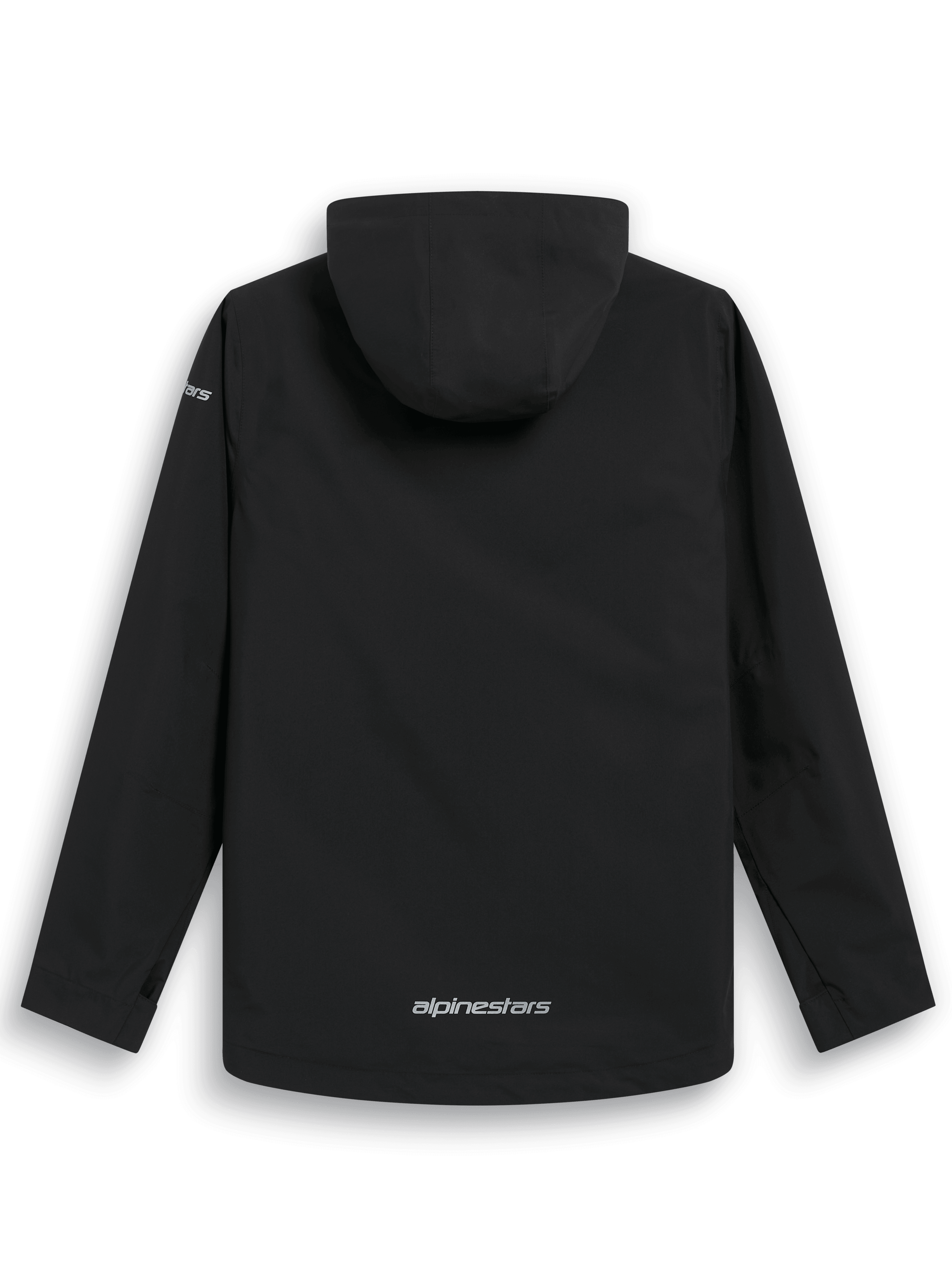 Alpinestars Kascade Regenjacke, Rückansicht, schwarze wasserabweisende Regenjacke, feste Kapuze, silberner Alpinestars-Schriftzug am unteren Rücken, lange Ärmel, Performance-Outdoor- und motorsport-inspiriertes Design