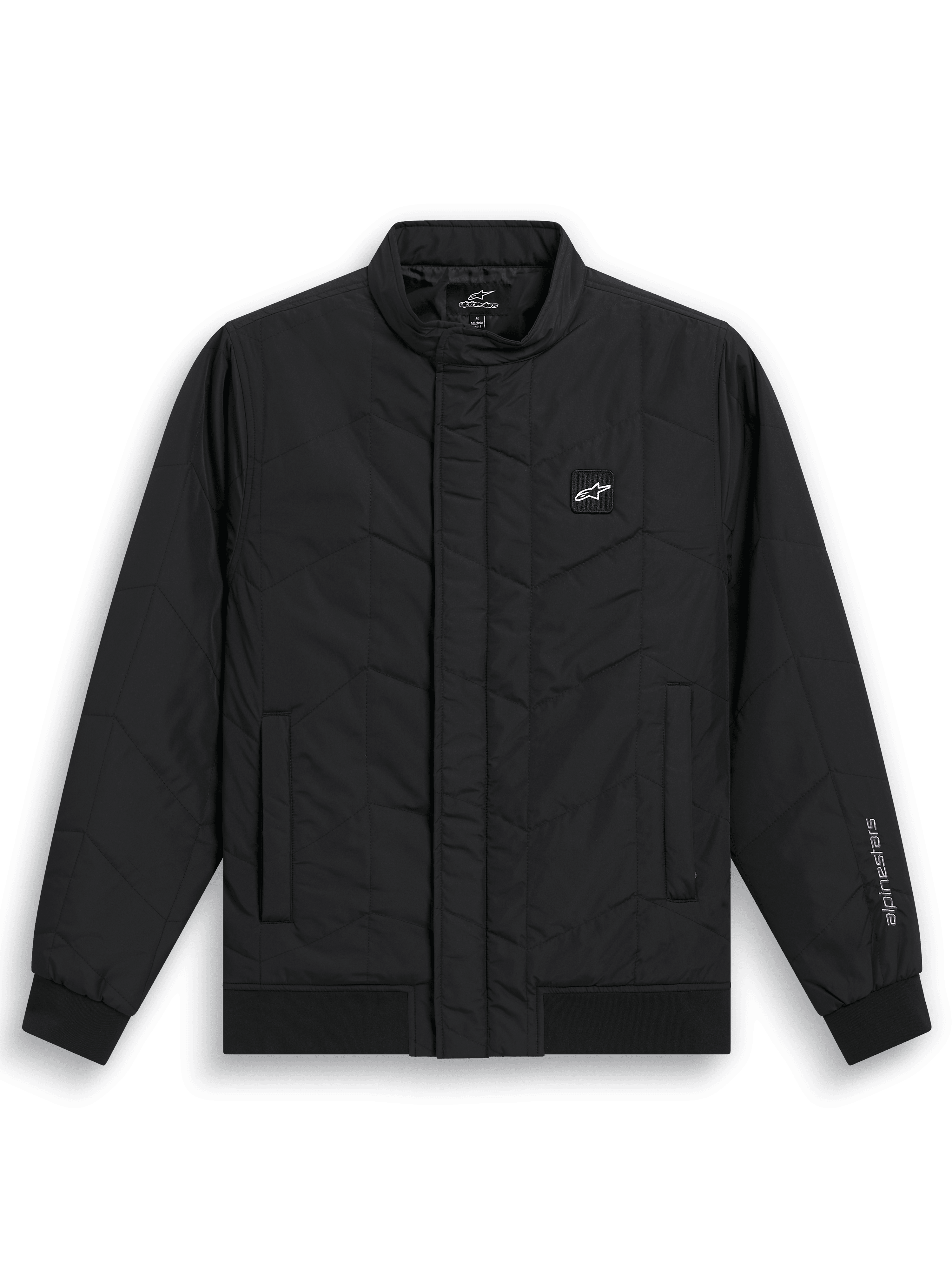 Alpinestars Precedent jas, gestept op F1-geïnspireerd sportswear jack, zwart, voorzien van een schuin stikselpatroon, lage kraag, ribmanchetten en zoom, met een kleine logopatch op de borst en borduursel op de mouw, casual motorsport-geïnspireerd ontwerp.