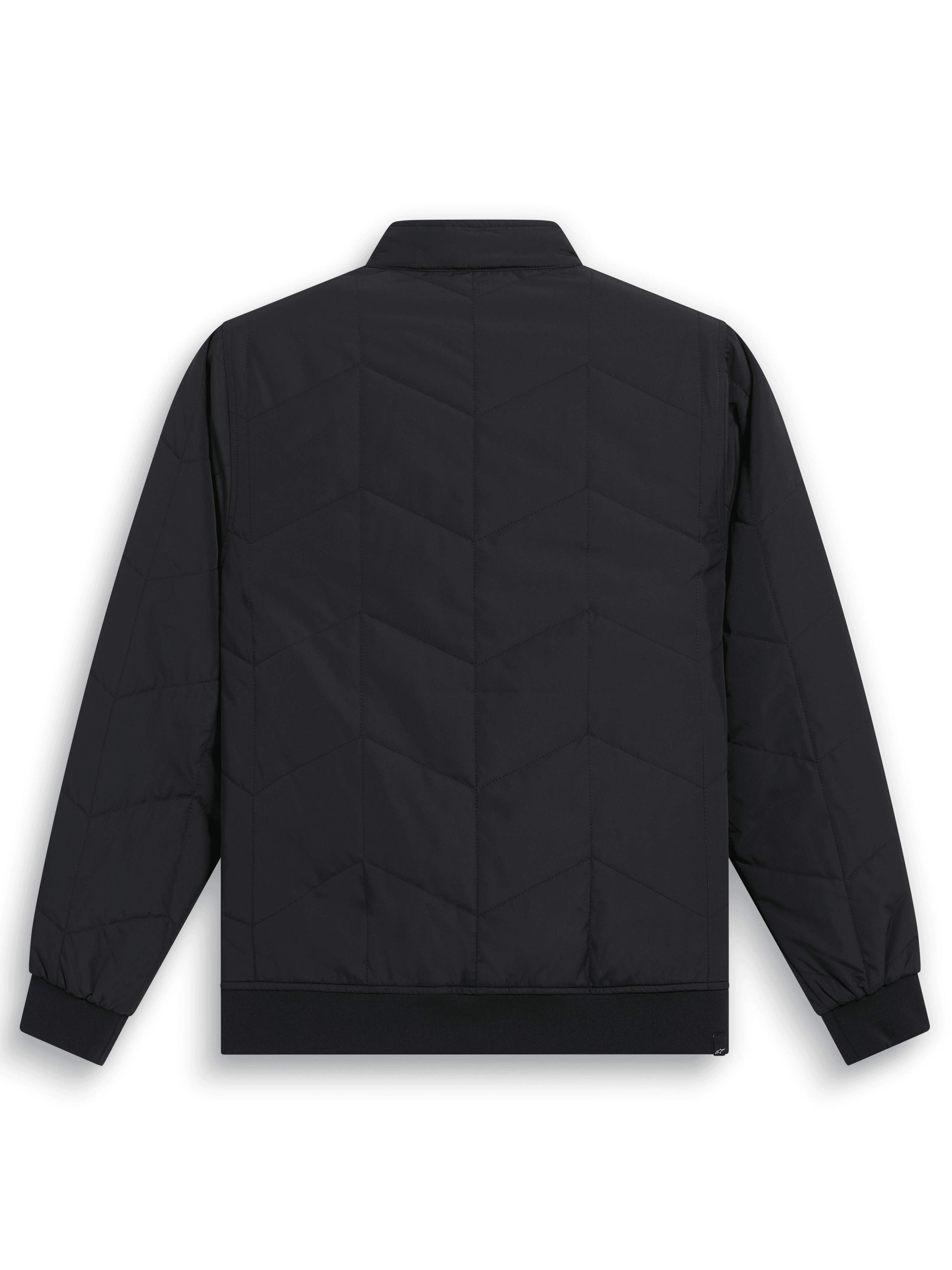Alpinestars Precedent Jacket, gestepte F1-geïnspireerde sportswear jas, zwart, achteraanzicht met iconisch schuin doorgestikt patroon, ribgebreide manchetten en zoom, lage track-kraag, casual op de motorsport geïnspireerd ontwerp