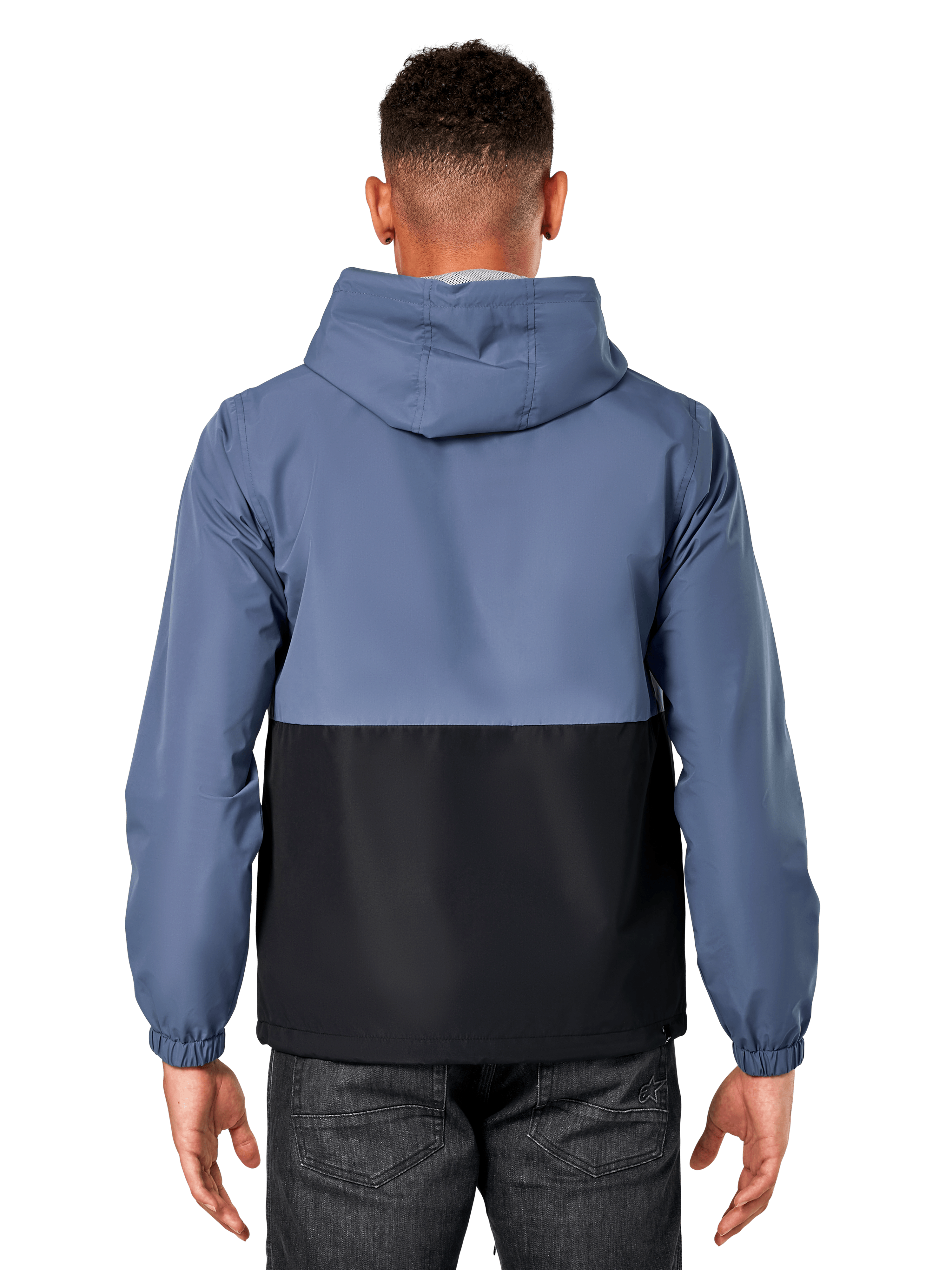 Veste coupe-vent Speeder Alpinestars, vue de dos d'un homme portant une veste bicolore bleu ardoise et noir, design à corps bloqué, à capuche, vêtement de sport décontracté léger avec poignets élastiques
