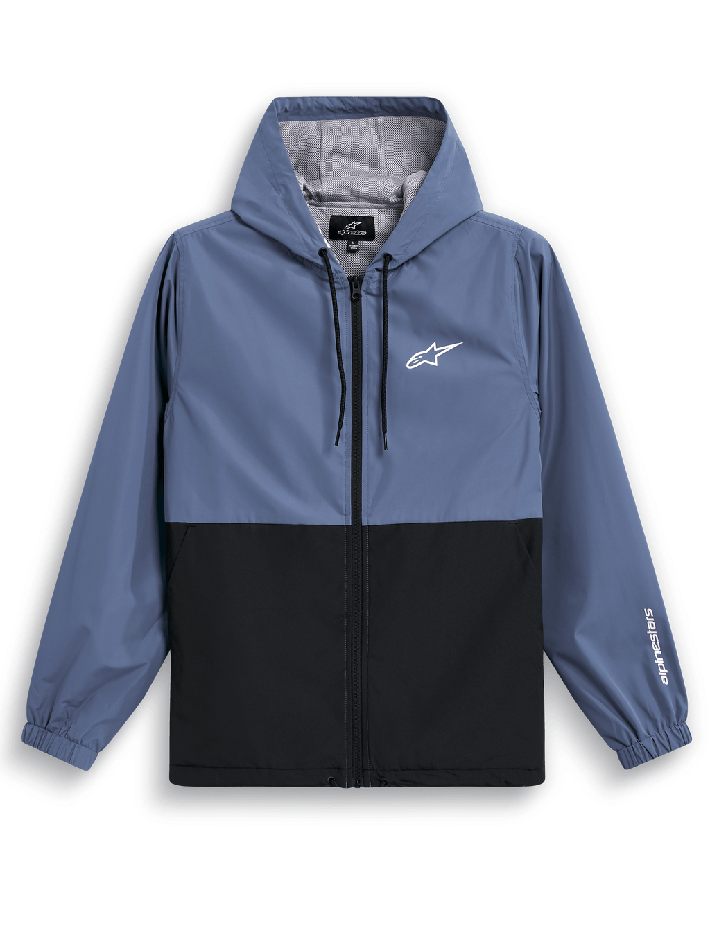 Veste coupe-vent Alpinestars Speeder, coupe-vent léger à capuche, bleu ardoise et noir, design bicolore avec logo blanc sur la poitrine et marquage sur la manche, doublure en mesh et capuche à cordon de serrage réglable