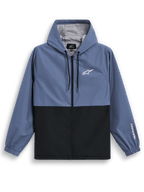 Veste coupe-vent Alpinestars Speeder, coupe-vent léger à capuche, bleu ardoise et noir, design bicolore avec logo blanc sur la poitrine et marquage sur la manche, doublure en mesh et capuche à cordon de serrage réglable