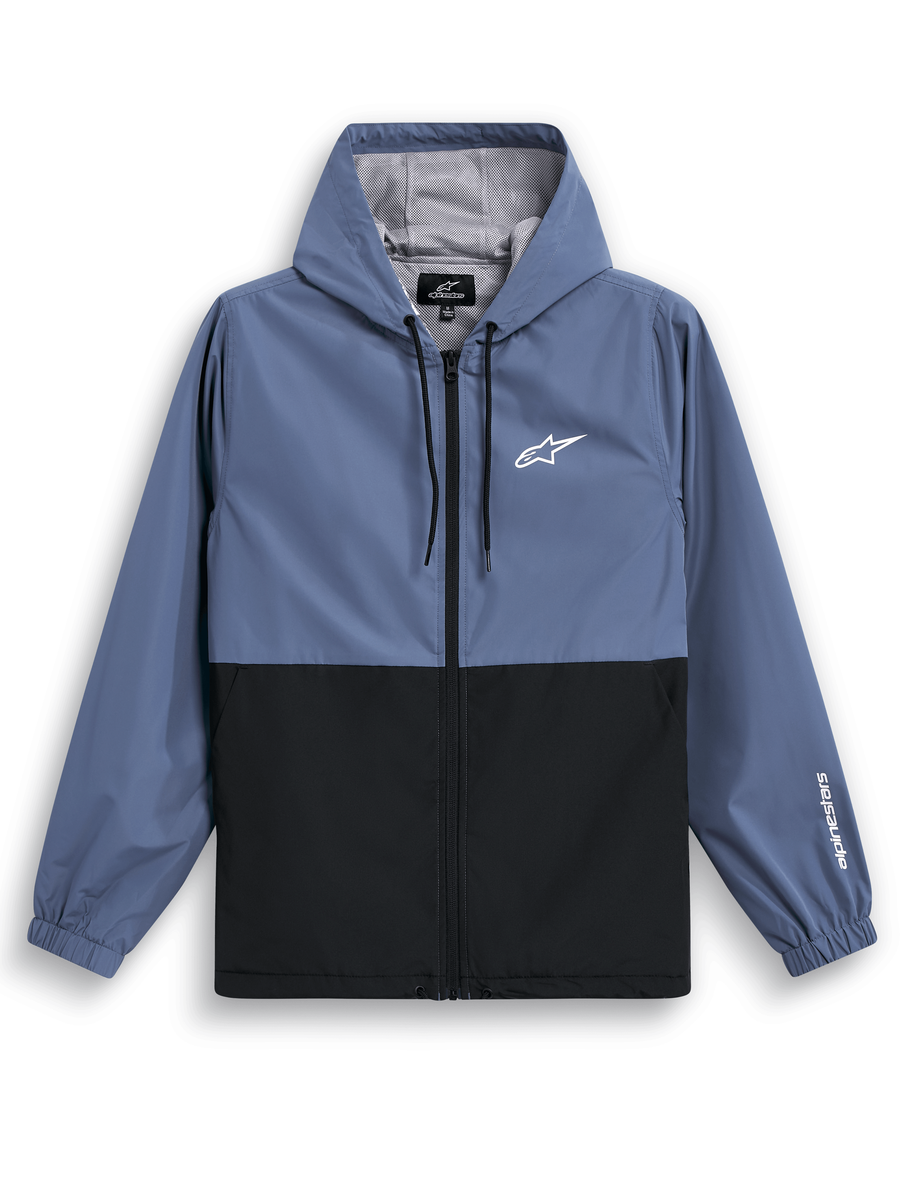 Veste coupe-vent Alpinestars Speeder, coupe-vent léger à capuche, bleu ardoise et noir, design bicolore avec logo blanc sur la poitrine et marquage sur la manche, doublure en mesh et capuche à cordon de serrage réglable