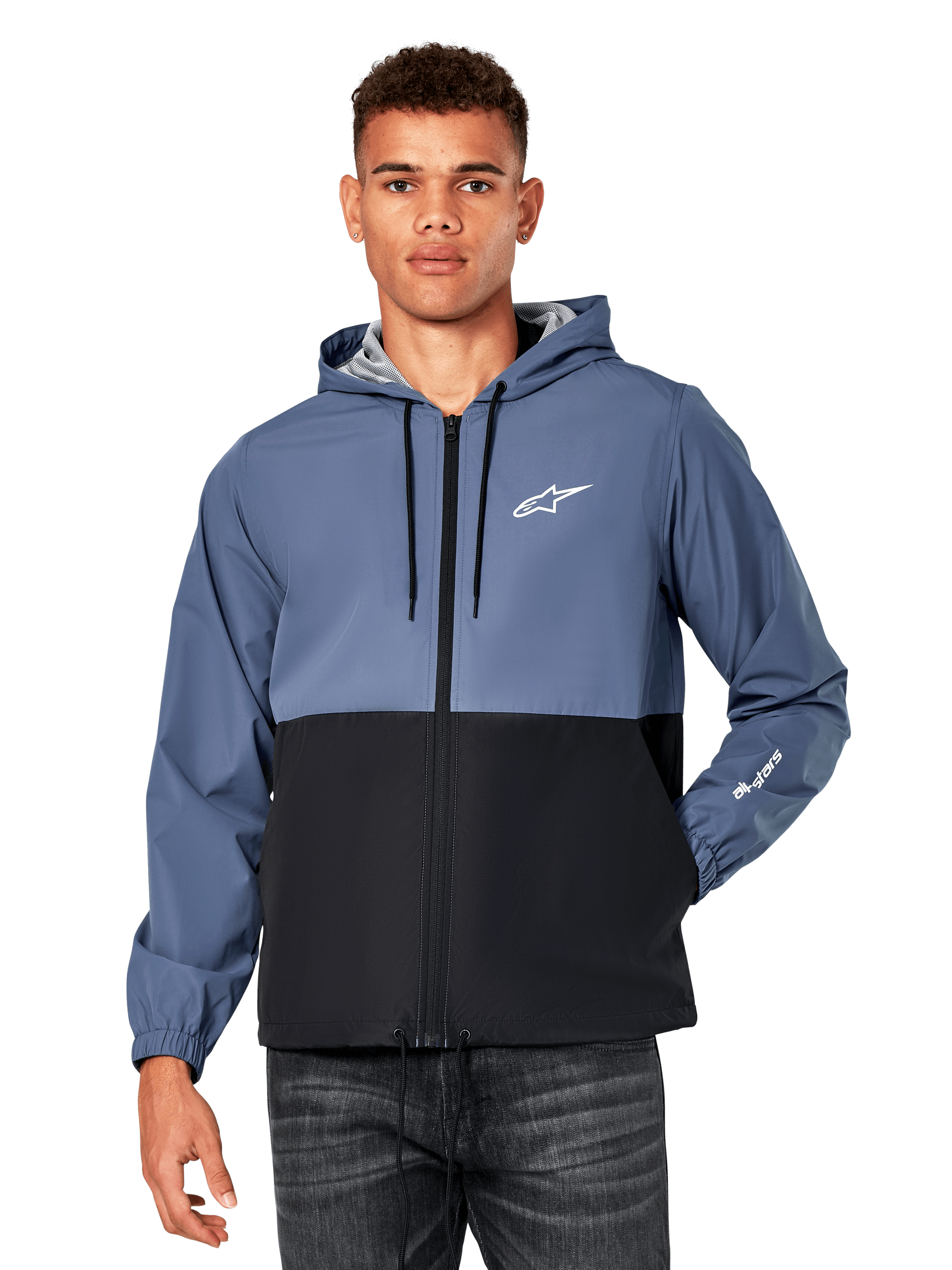 Veste coupe-vent Alpinestars Speeder, coupe-vent décontracté à capuche, design bicolore bleu ardoise et noir, logo Astar blanc sur la poitrine et marquage sur la manche, fermeture éclair frontale avec capuche à cordon de serrage, doublure en mesh légère
