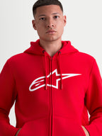 Alpinestars Sweat À Capuche Ageless Zip V3, polaire sportswear rouge et blanche pour homme, logo A-star blanc sur la poitrine, capuche avec cordons de serrage et fermeture éclair frontale invisible, style motorsport.