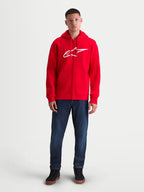 Alpinestars Ageless Zip Hoodie V3, sweat à capuche zippé pour homme, rouge et blanc, avec logo Astar blanc sur la poitrine, poches avant et capuche à cordon, style sportswear