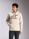 Alpinestars Always V3 Hoodie, casual sportkleding, off-white met zwart sterlogo en rode branding, capuchon met trekkoord, kangoeroezak aan de voorkant, gedragen door model met donkere broek, modern op de motorsport geïnspireerd ontwerp