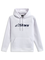 Alpinestars Blaze V3 Hoodie, pullover fleece sweatshirt, wit met donkerblauwe logoprint op de voorkant, met jersey gevoerde capuchon met trekkoord en kangoeroezak, casual motorsport-geïnspireerde streetwear