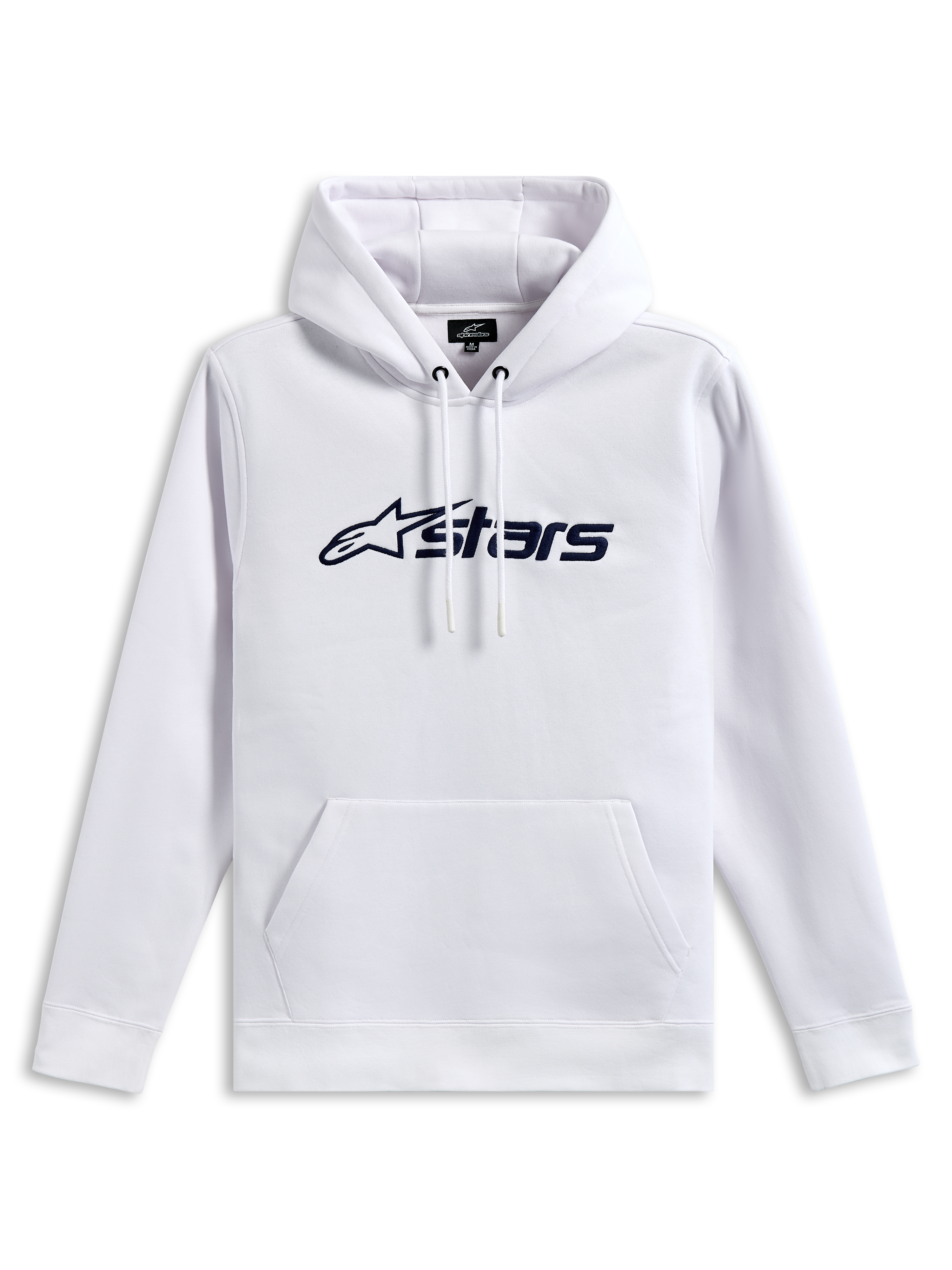 Alpinestars Blaze V3 Hoodie, pullover fleece sweatshirt, wit met donkerblauwe logoprint op de voorkant, met jersey gevoerde capuchon met trekkoord en kangoeroezak, casual motorsport-geïnspireerde streetwear