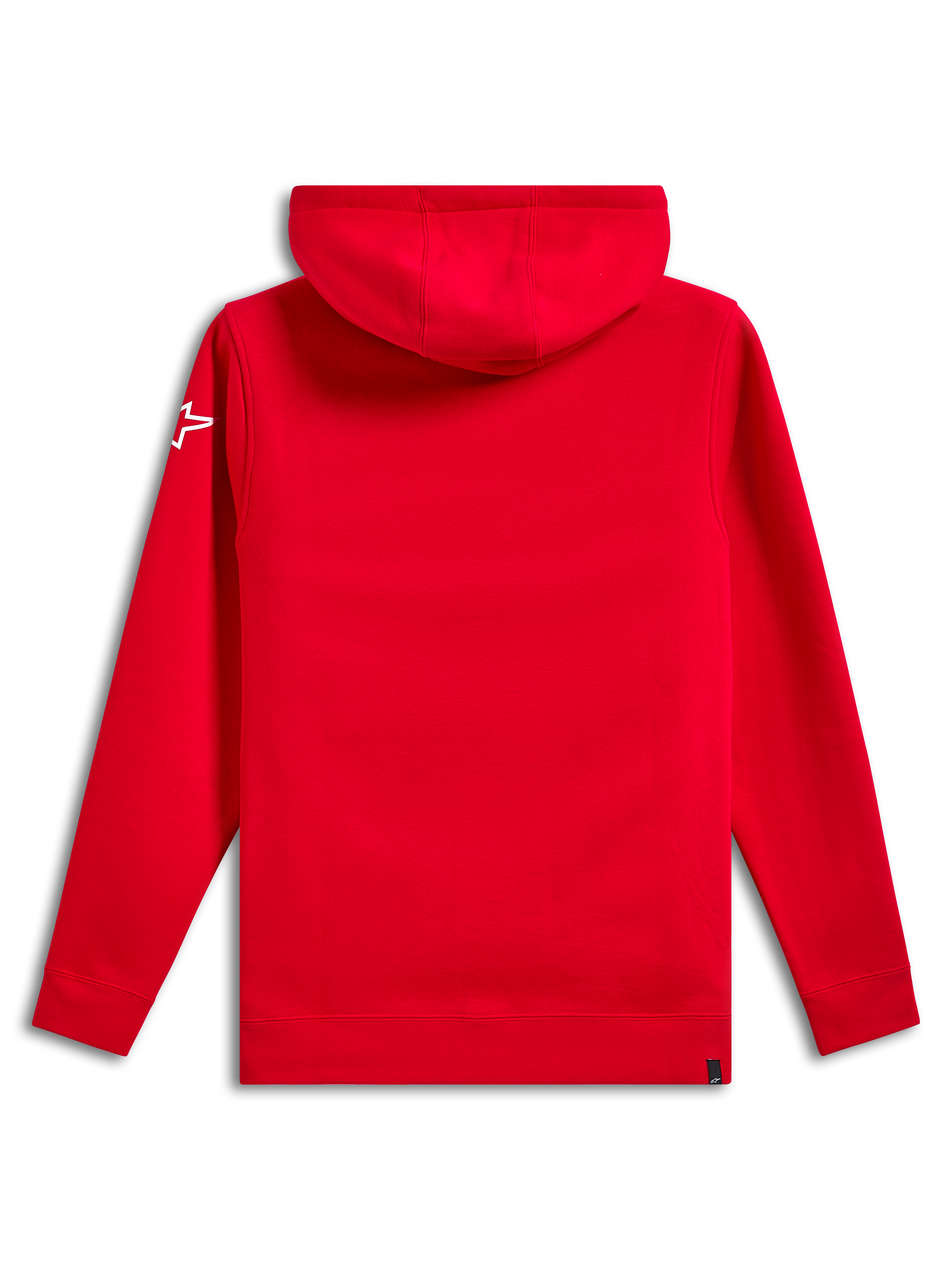 Alpinestars Linear Wordmark V3 Hoodie, achteraanzicht, effen rood, wit Ageless ster-logo op de mouw, fleece hoodie pullover met geribde manchetten en zoom, casual motorsport streetwear