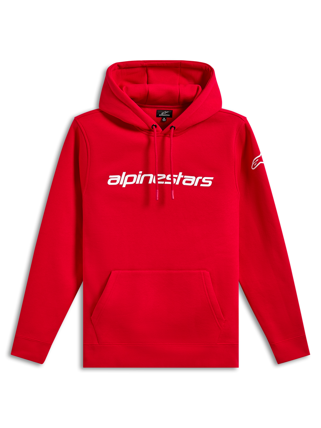 Alpinestars Linear Wordmark V3 Hoodie, casual streetwear, rood met wit Alpinestars-woordmerk op de borst, wit Ageless-logo op de mouw, capuchon met trekkoord, kangoeroezak, geribde manchetten en zoom