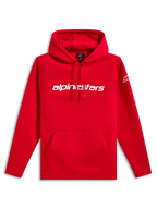 Alpinestars Linear Wordmark V3 Hoodie, casual streetwear, rood met wit Alpinestars-woordmerk op de borst, wit Ageless-logo op de mouw, capuchon met trekkoord, kangoeroezak, geribde manchetten en zoom